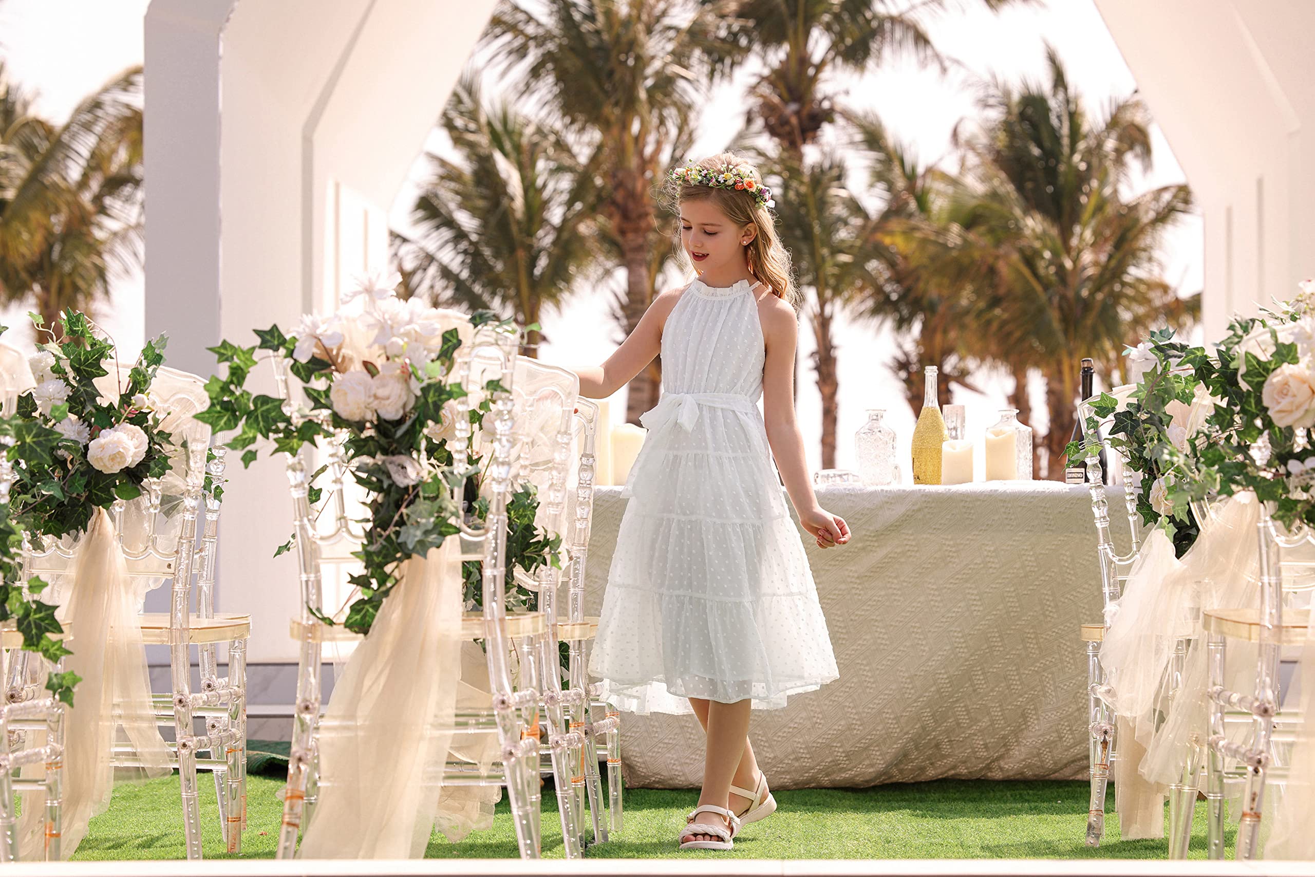 GRACE KARIN Robe Princesse Habillée pour Filles A-Line sans Manches Swiss Point avec Ceinture