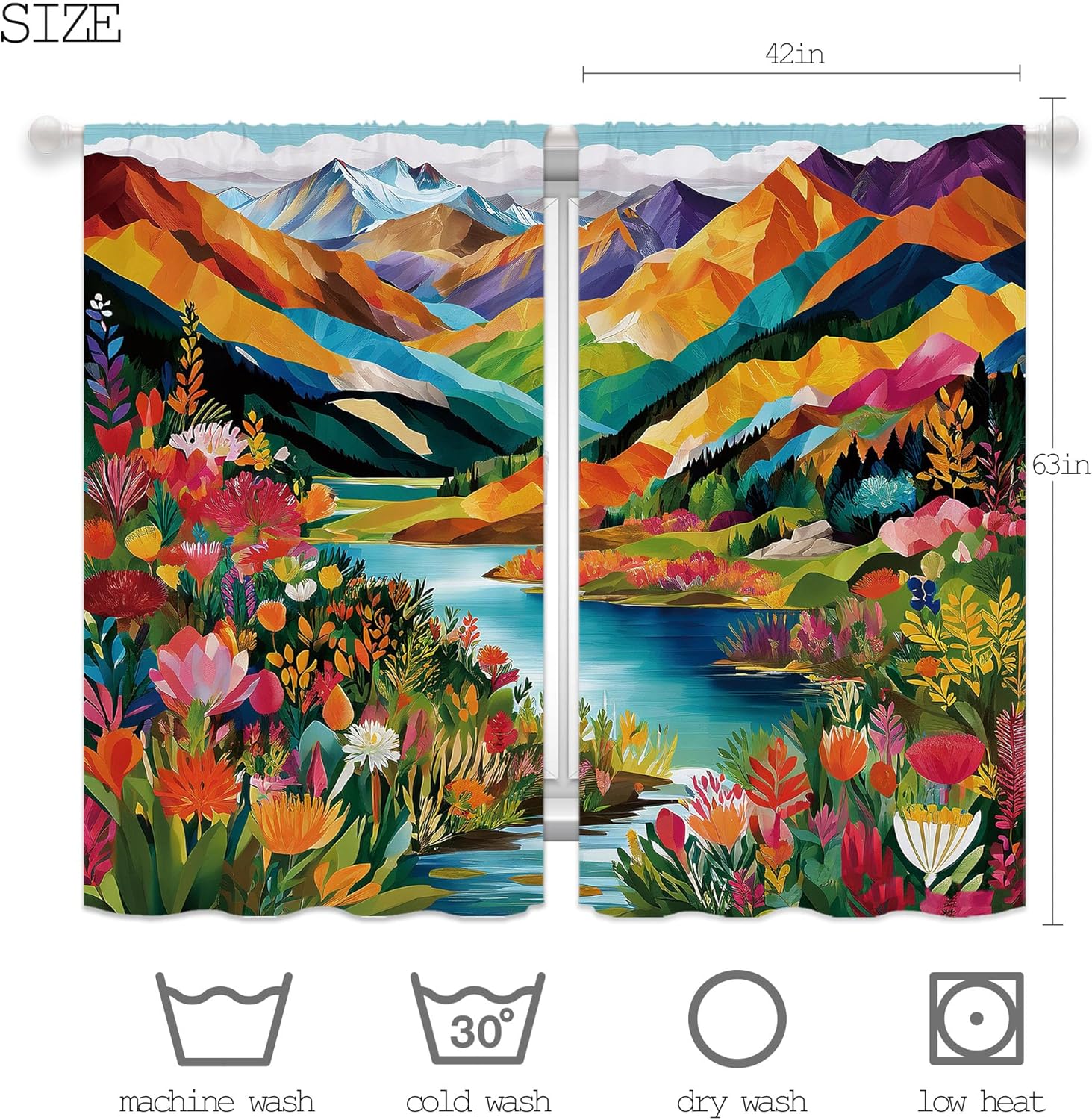Colorful Abstract Window Curtains 42x63 inches Long 2 Panels Floral Aesthetic Flower Lake Nature Scene Color Mountain Retro Boho Living Room Curtain Window Treatment Curtain Drapes for Bedroom