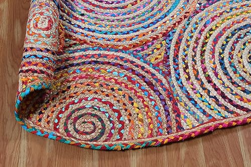 Miniatura 8 de CASAVANI Collection - Alfombra circular de 5 pies, redonda, multicolor, de yute de algodón chindi, alfombra de kilim para interiores y exteriores,
