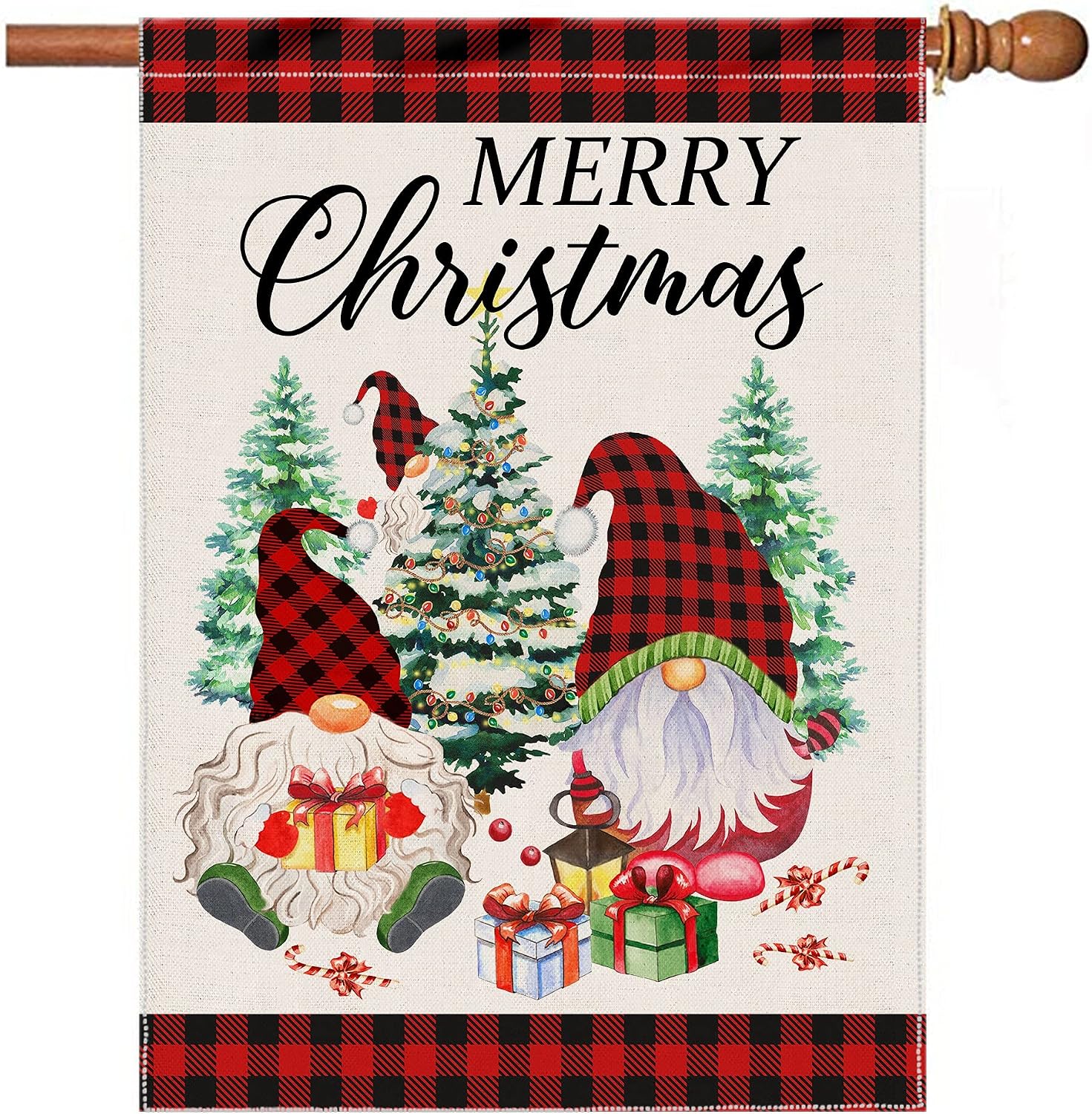 Pinata Christmas House Flags 28 x 40 Double Sided, Burlap Large Red Black Buffalo Plaid Gnome Tree Flag for Yard Outdoor Outside Decoration