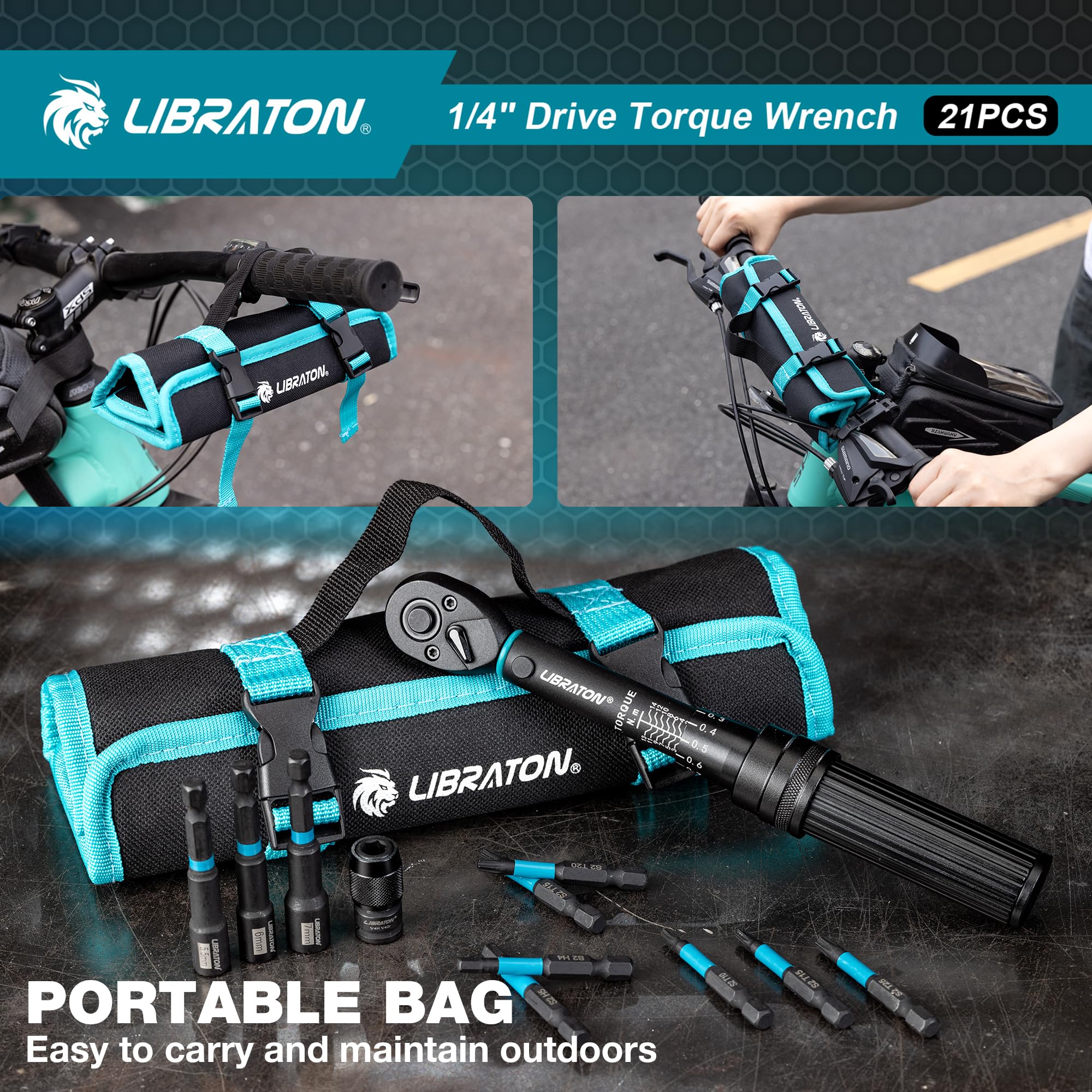 LIBRATON Chiave Dinamometrica da 1/4", 2-14Nm, Chiave Dinamometrica Bici 72 Denti, Microregolazione a 0,1Nm, Punte Esagonali e Torx, Chiave a Bussola, Convertitore da Impatto a HEX 1/4, Attrezzi Bici