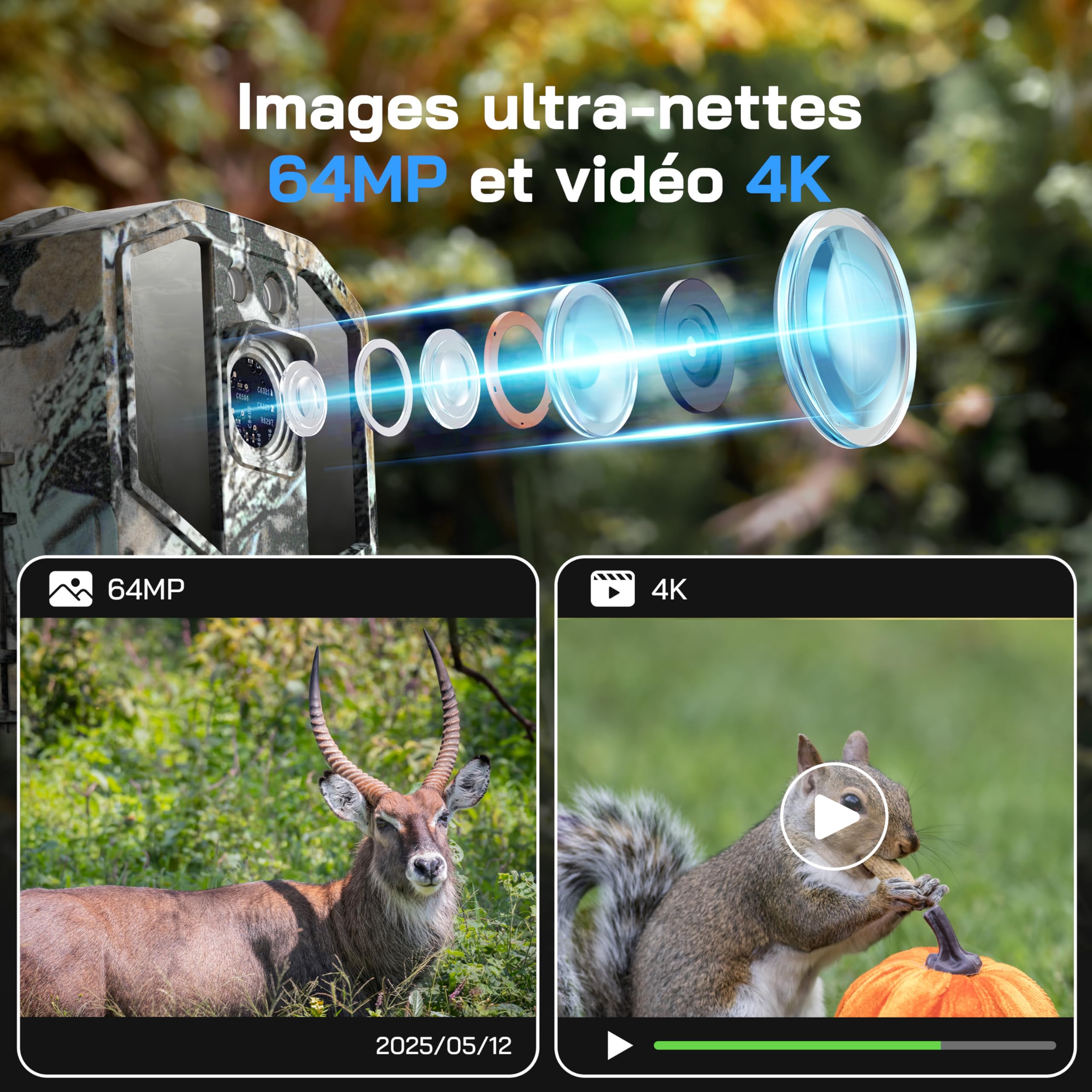 WOLFANG Caméra de Chasse WiFi 4K 64MP Full HD, Téléphone Transfert Vision Nocturne, Déclenchement de 0,1s, Détecteur de Mouvement pour l'observation des Animaux