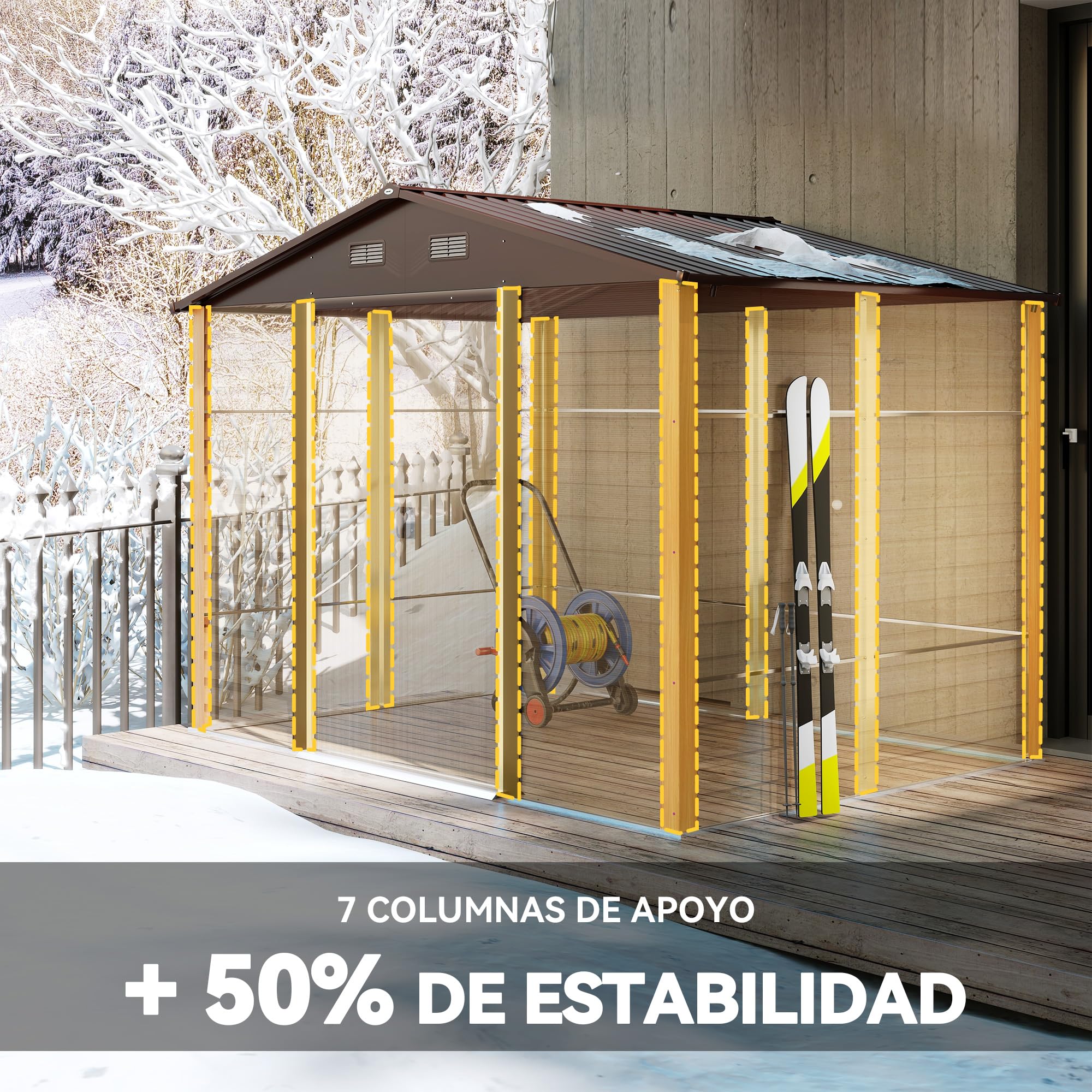 Outsunny Caseta de Jardín Exterior 4,84 m² 278x195x215 cm, Cobertizo de Jardín Exterior Metálica con 4 Ventanas y 2 Puertas Correderas, para Almacenaje de Herramientas, Madera Natural y Café