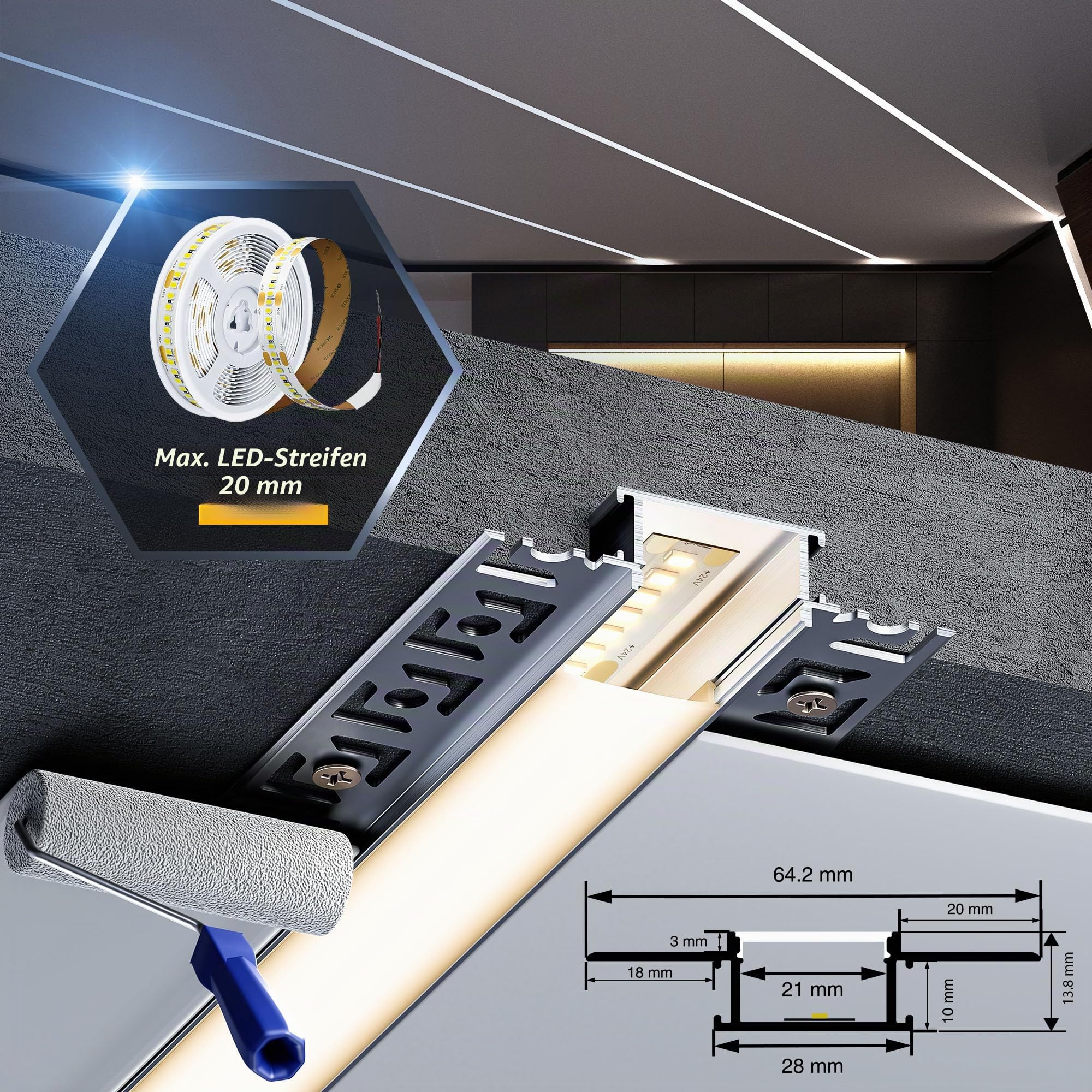 36 × LED Trockenbauprofil 2M für 20mm LED Streifen – Aluminium Unterputzprofil für Trockenbau,led kanal、Diffusor, Decke Wand indirekte Beleuchtung (LED Drywall Profile -72M)