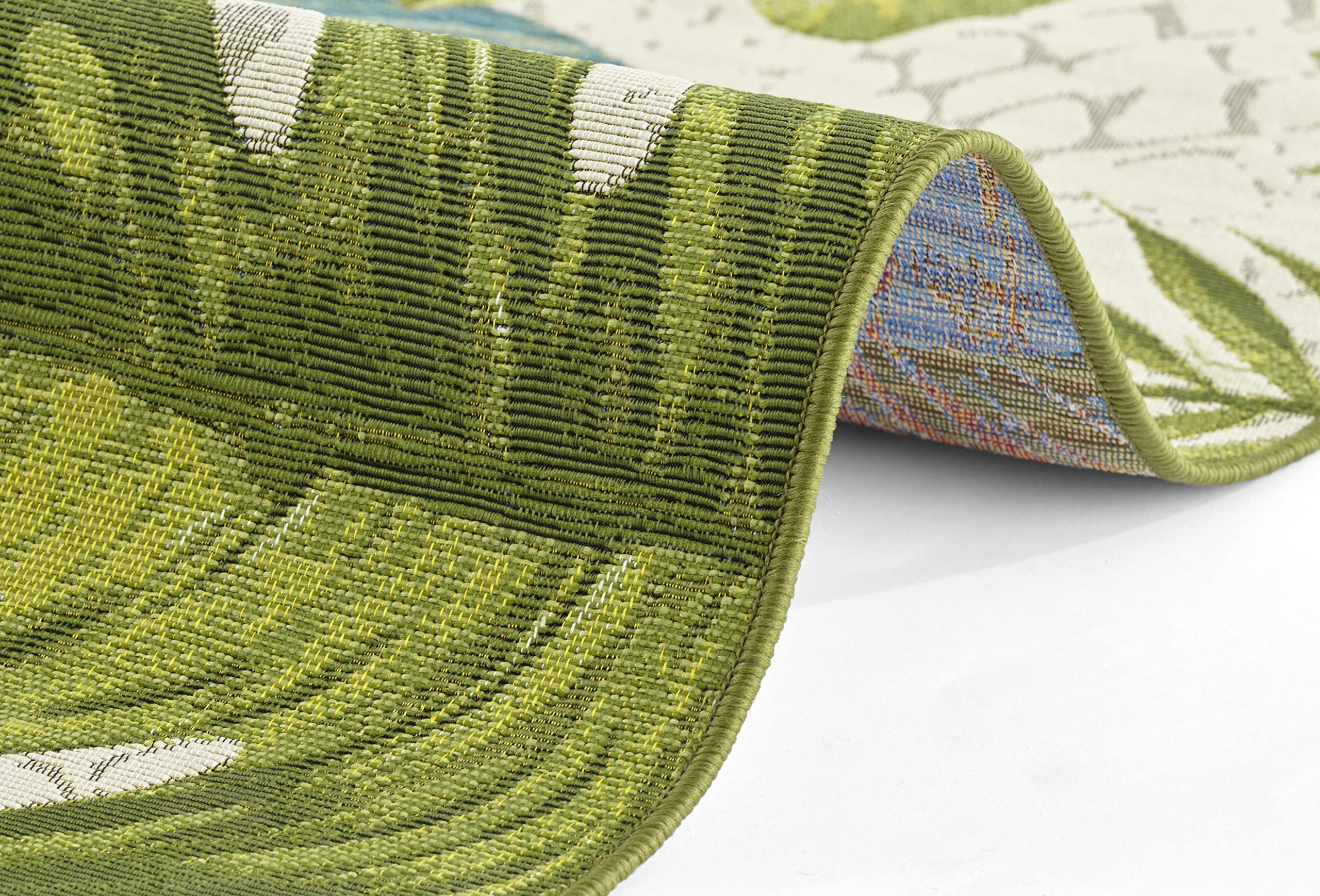 HANSE Home Tropical Leaves - Tappeto per interni ed esterni, in tessuto piatto, con foglie di palma, ecologico, resistente alle intemperie e ai raggi UV, per balcone, terrazza, giardino, turchese,