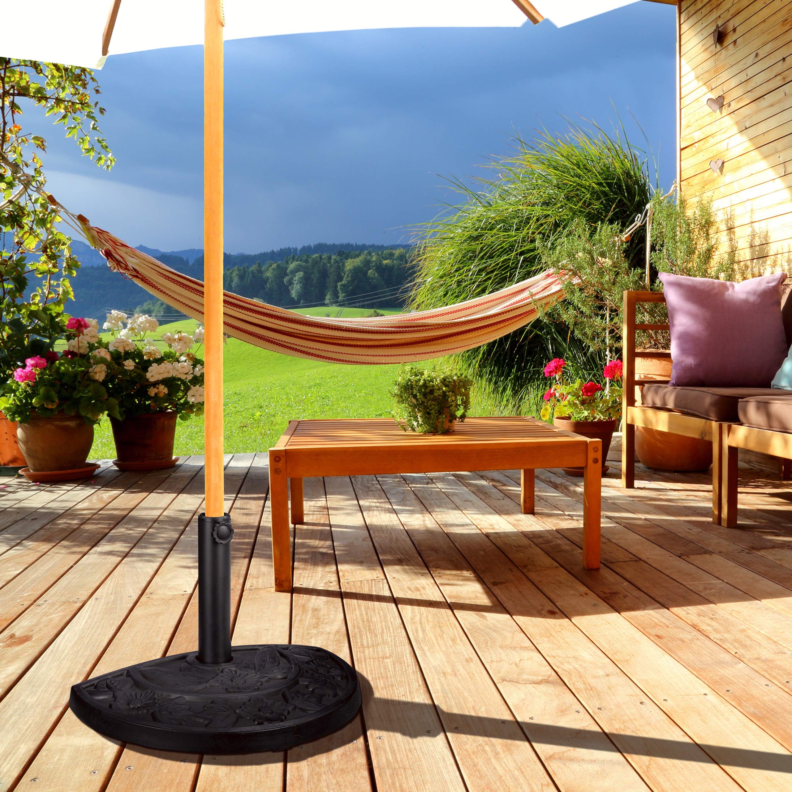 Image secondaire de Relaxdays Support à Parasol Demi-Rond, pour des Barres de 34-50 mm, résistant aux intempéries, Design à Fleurs, Noir