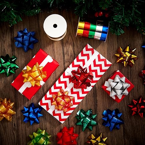 Miniatura 7 de JOYIN Surtido de 75 lazos de Navidad con 2 rollos de cintas, lazos de regalo autoadhesivos multicolor de 3 pulgadas y cintas rizadas para envolver
