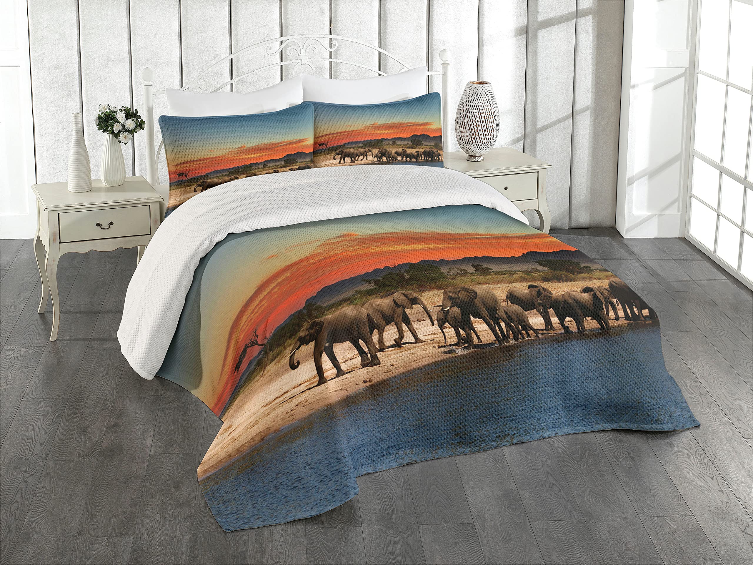 Ambesonne Savannah Coverlet, Animal Herd Watering in Wilderness at Sunset Africa Image Print, 3 Piece Decorative Quilted Bedspread Set with 2 Pillow Shams, Queen Size, Pale Blue Orange Brown