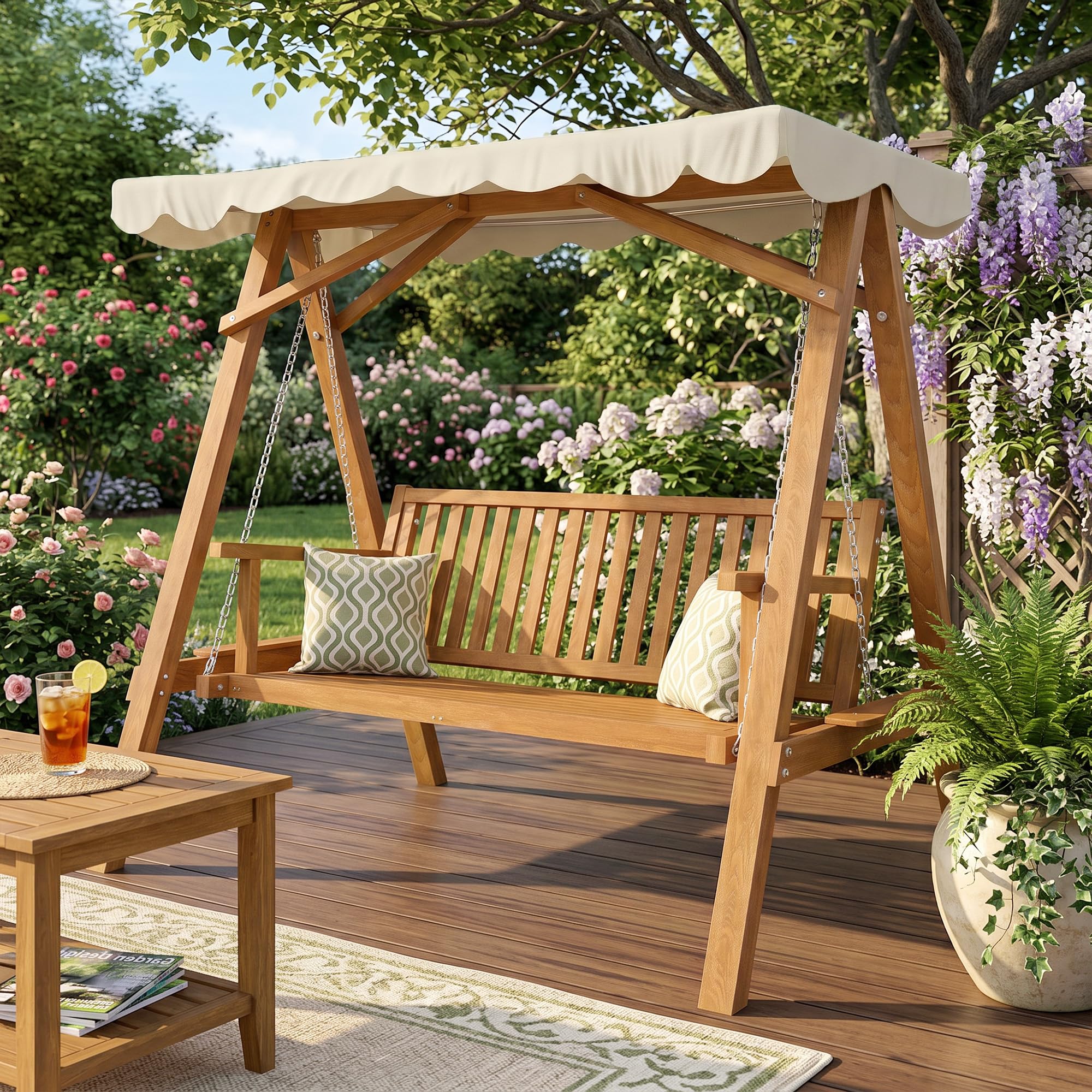 Outsunny Hollywoodschaukel Gartenschaukel Schaukelbank Schaukel 2-Sitzer Lärche Natur+Creme