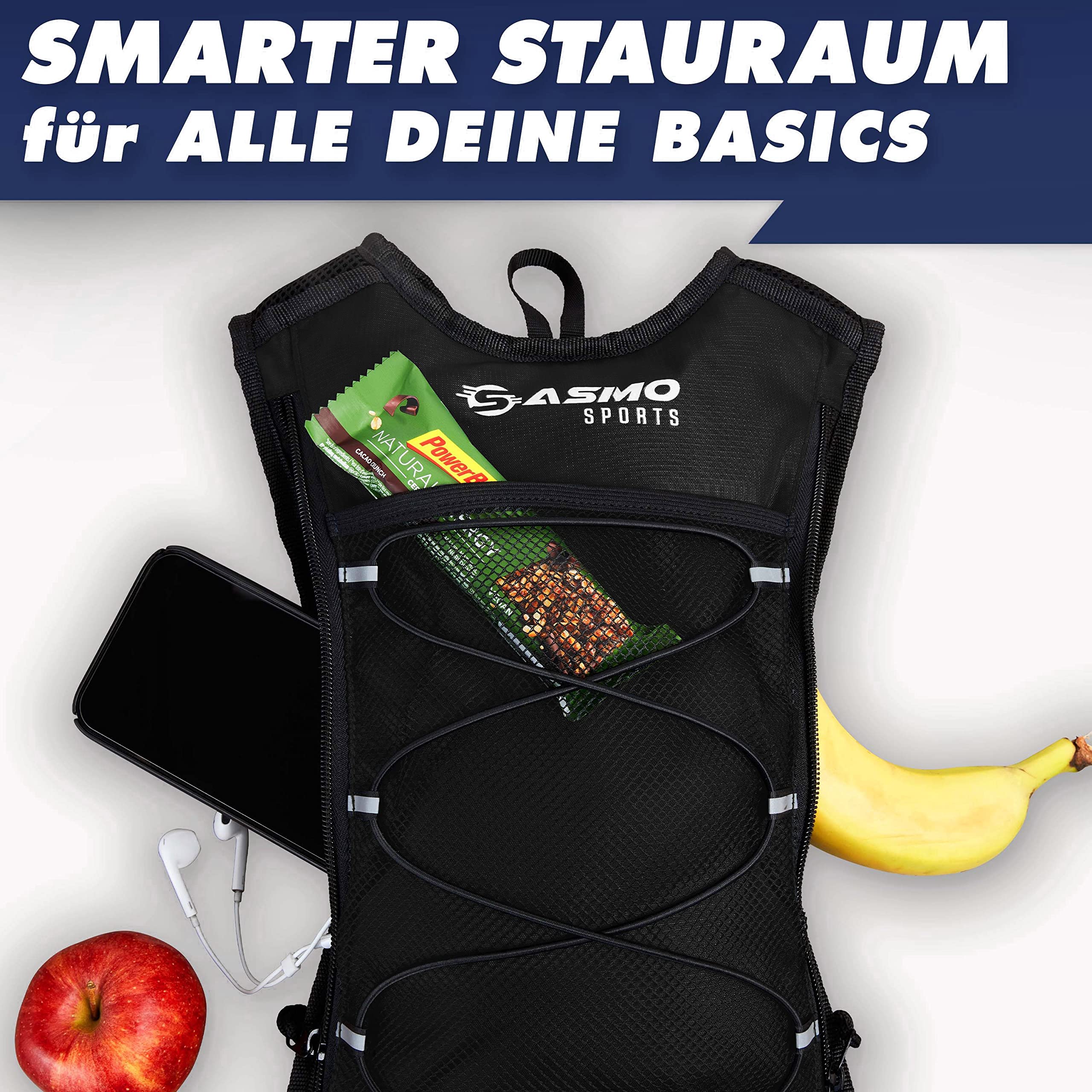 SASMO® Trinkrucksack (Schwarz) mit Thermofach | Trinkrucksack Laufen - Ultraleicht 300g & 6L | Laufrucksack mit Trinkblase 2l, BPA-Frei | Rucksack mit Trinkblase & Reflektoren | Laufen, Fahrradfahren