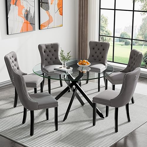 Miniatura 83 de Juego de mesa de comedor de cristal dorado moderno de 51 pulgadas para 4, juego de mesa de comedor rectangular de 5 piezas con patas cruzadas