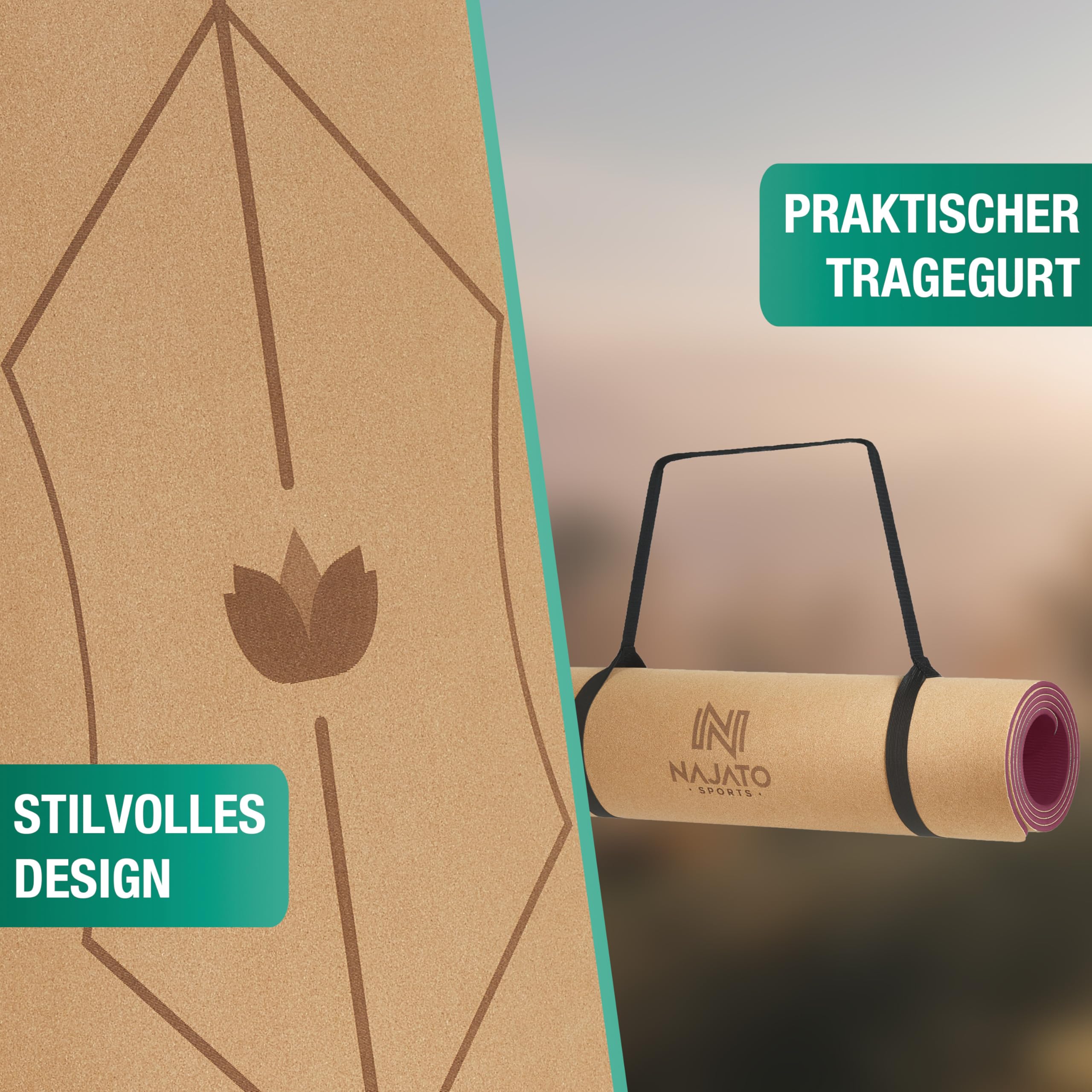 NAJATO Sports Yogamatte Kork – Rutschfeste Yoga Matte mit Tragegurt & E-Book (PDF Datei) – Trainingsmatte 183 x 65 x 0,6 cm – Nachhaltige Gymnastikmatte