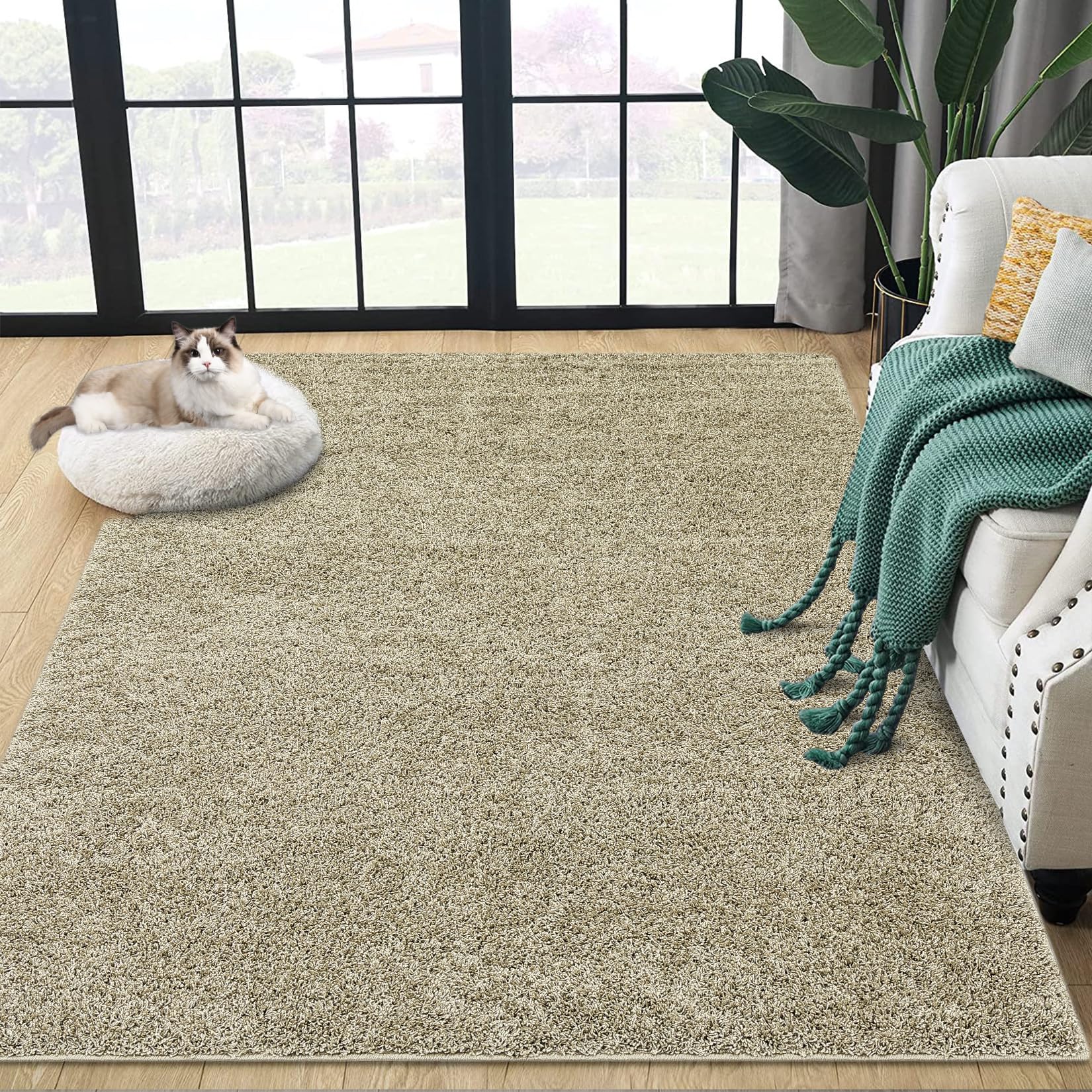 Fashionwu Fluffy Area Rugs 8x10 Shag Rug for Bedroom Living Room Rug 8 x 10 Non-Shedding Soft Fluffy Rug Anti-Slip Area Rug Soft Casual Solid Area Rugs for Playroom Decor Floor Carpet, Taupe