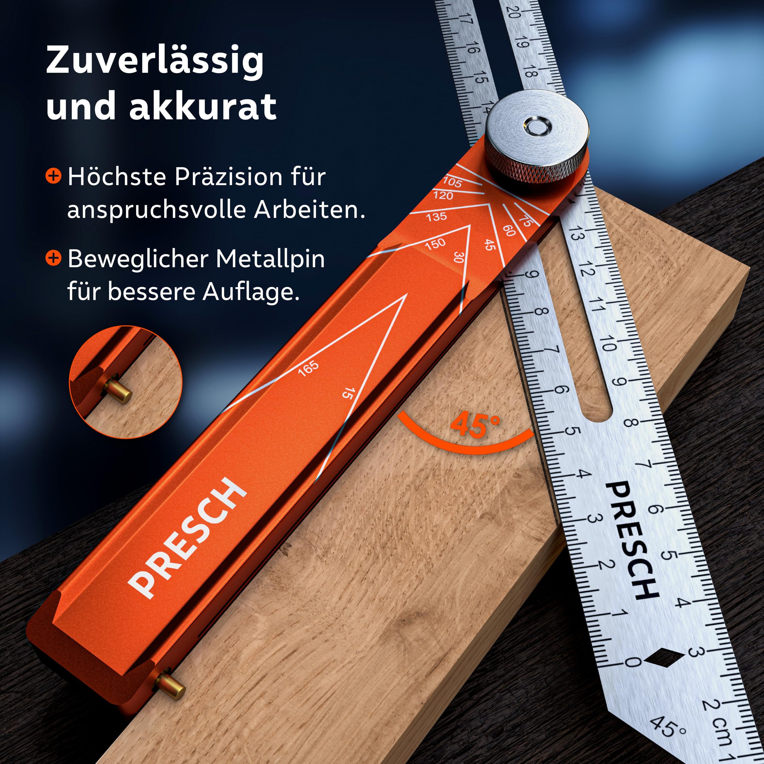 Presch Winkelschmiege inkl. Zusatzlineal - 190mm & 270mm - Extrem präzise Winkel übertragen - Verstellbare Schmiege mit Streichmaß-Funktion aus präzisionsgefrästem Aluminium und Edelstahl
