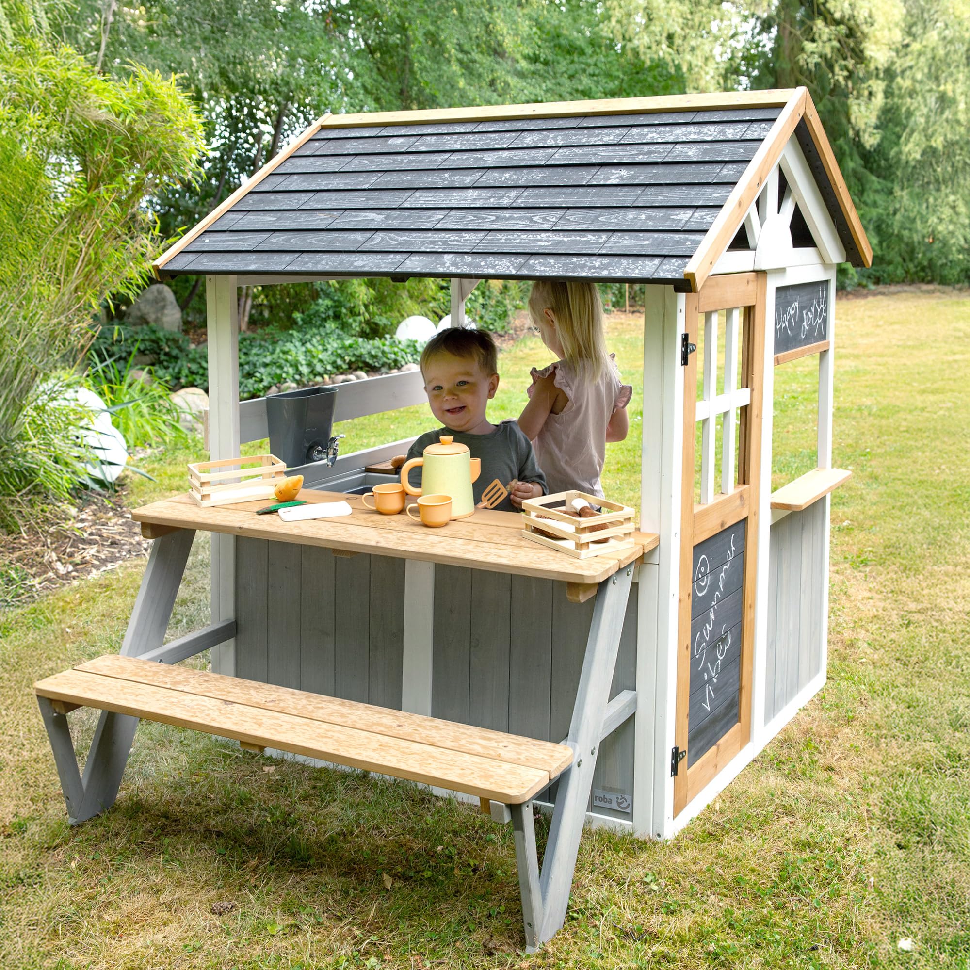 roba Picknickerweiterung für Spielhaus - Erweiterungsset mit Tisch & Sitzbank für Outdoor-Spielhaus Zubehör - Für Kinder ab 18 Monaten - Wetterfest - Holz mehrfarbig