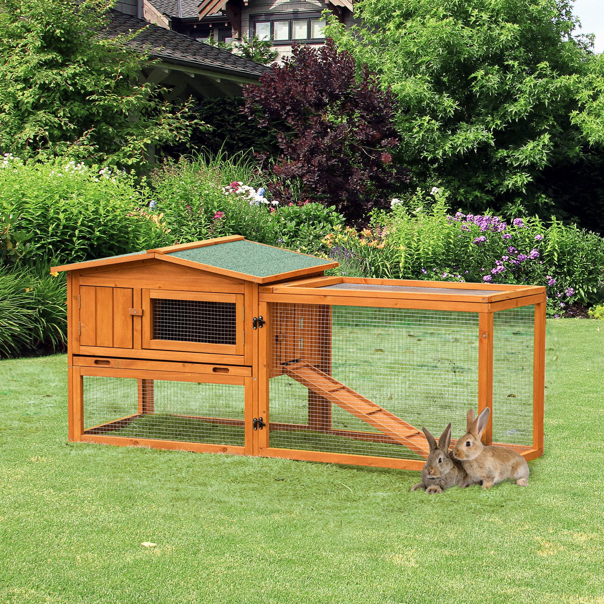 PawHut Conejera de Madera Exterior Jaula para Conejos de 2 Niveles 156x58x68 cm con Techo Asfáltico 2 Corrales de Metal Bandeja Extraíble 2 Puertas Ventana y Rampa Natural