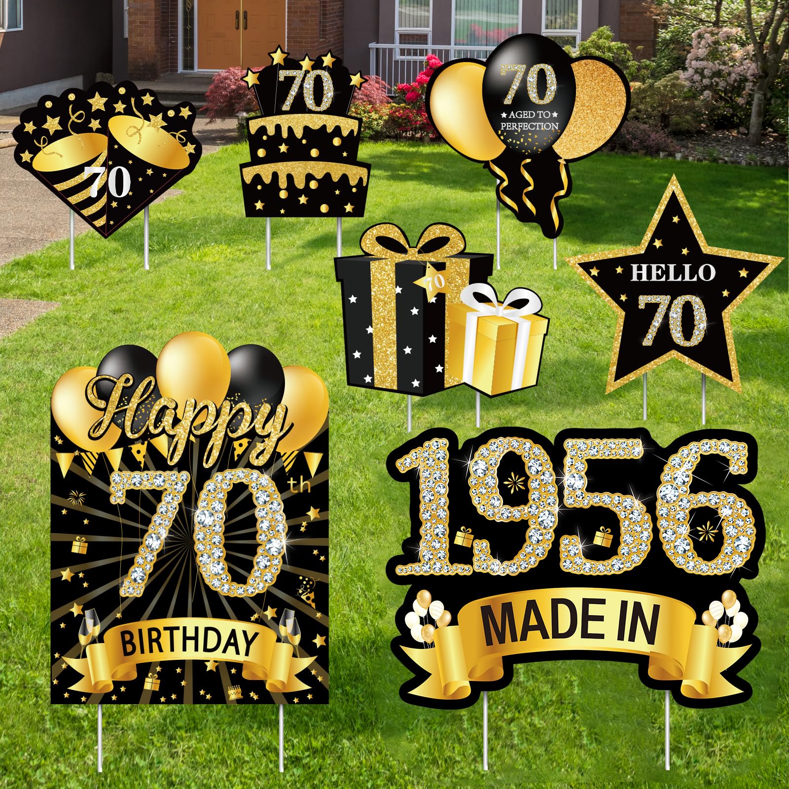 7Pcs Black Gold 70th Birthday Yard Sign Decorations for Men and Women,Happy 70th Birthday Made in 1956 Lawn Sign Party Supplies,Seventy Year Old Yard