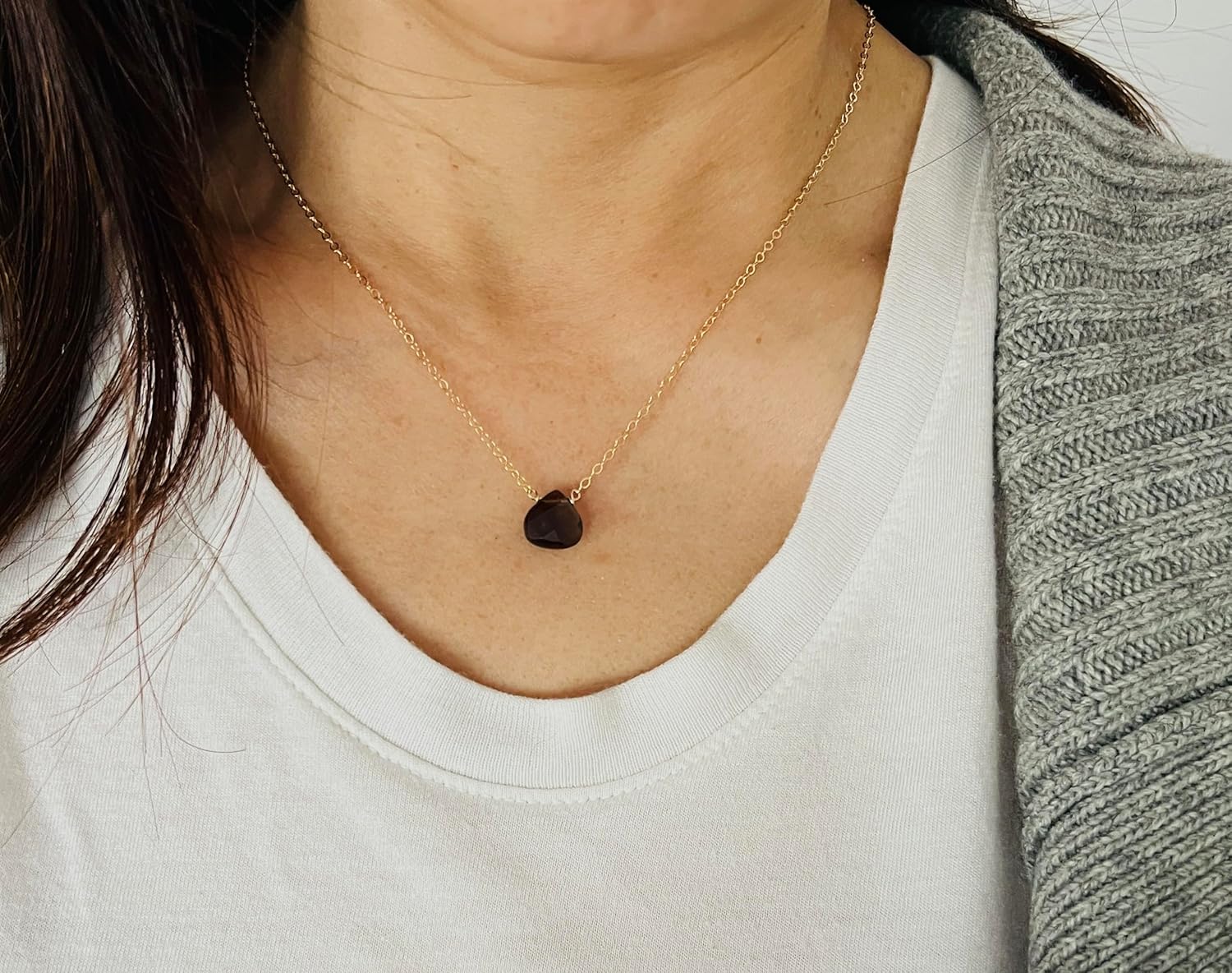 Brown Smoky Quartz Necklace – Teardrop Pendant on Gold Fill, Rose Gold Fill, or Silver Chain, Adjustable Length, Handmade Jewelry Gift for Women