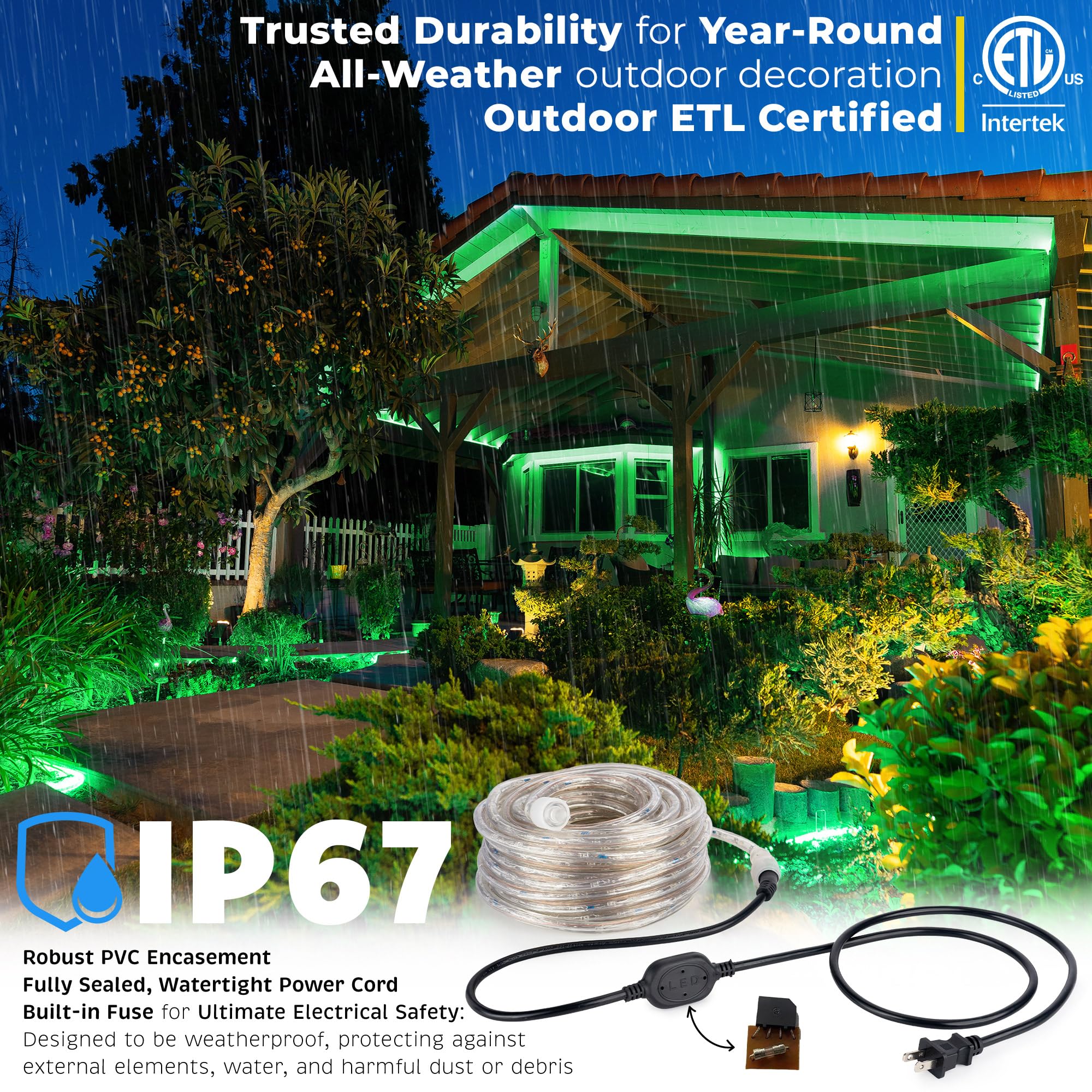 WYZworks 108LEDs 10ft LED Outside Rope Lights, Outdoor ETL Certified Waterproof Permanent 360 Degree Light Emitting, Flexible Tube, Connectable, Christmas Palm Tree Exterior Landscape, Green