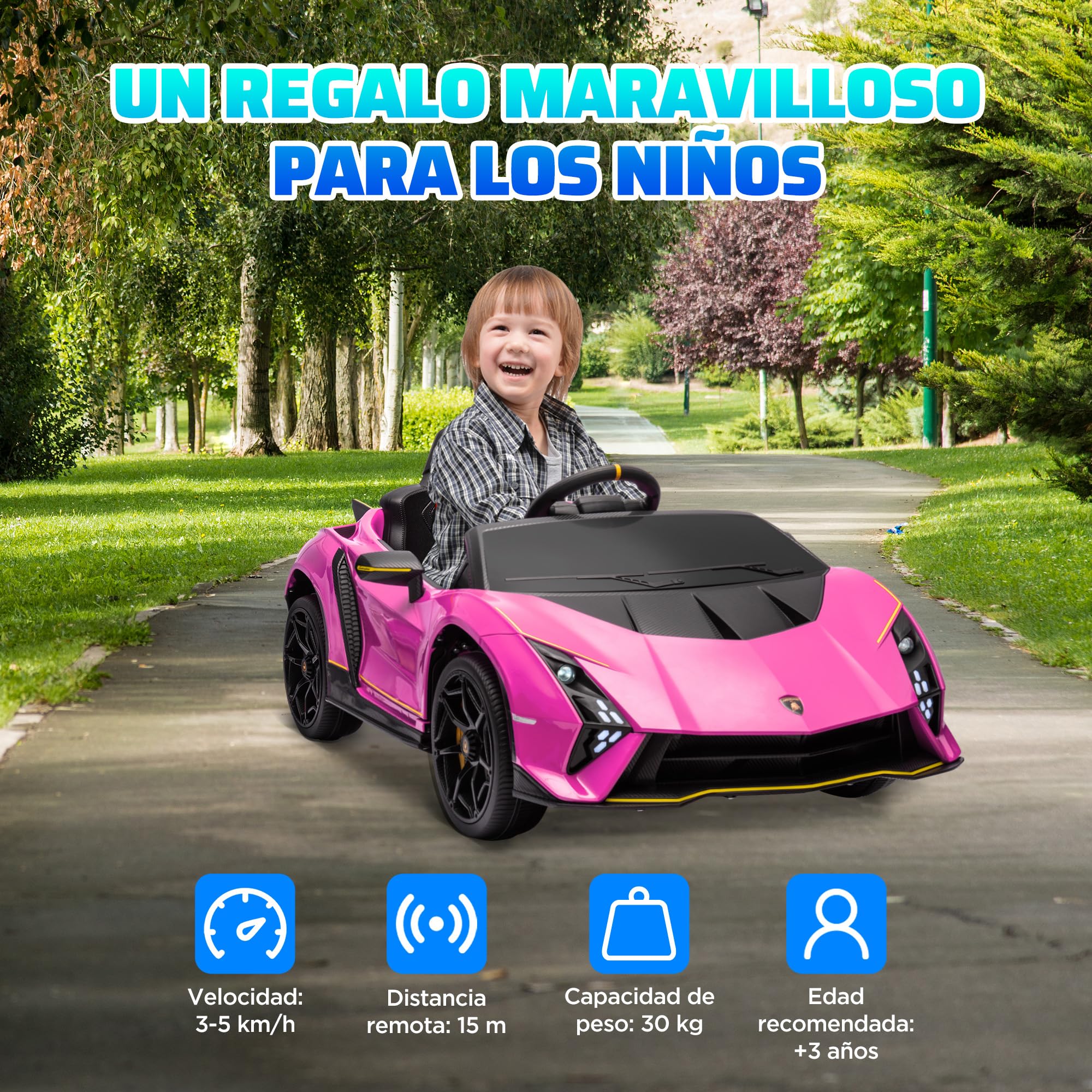 AIYAPLAY Coche Eléctrico para Niños de +3 Años Lamborghini Autentica 2 Motores Potentes Coche Eléctrico con Batería 12V Velocidad 3-5 km/h Mando a Distancia 2,4G Faros Bocina Arranque Suave y MP3 Rosa