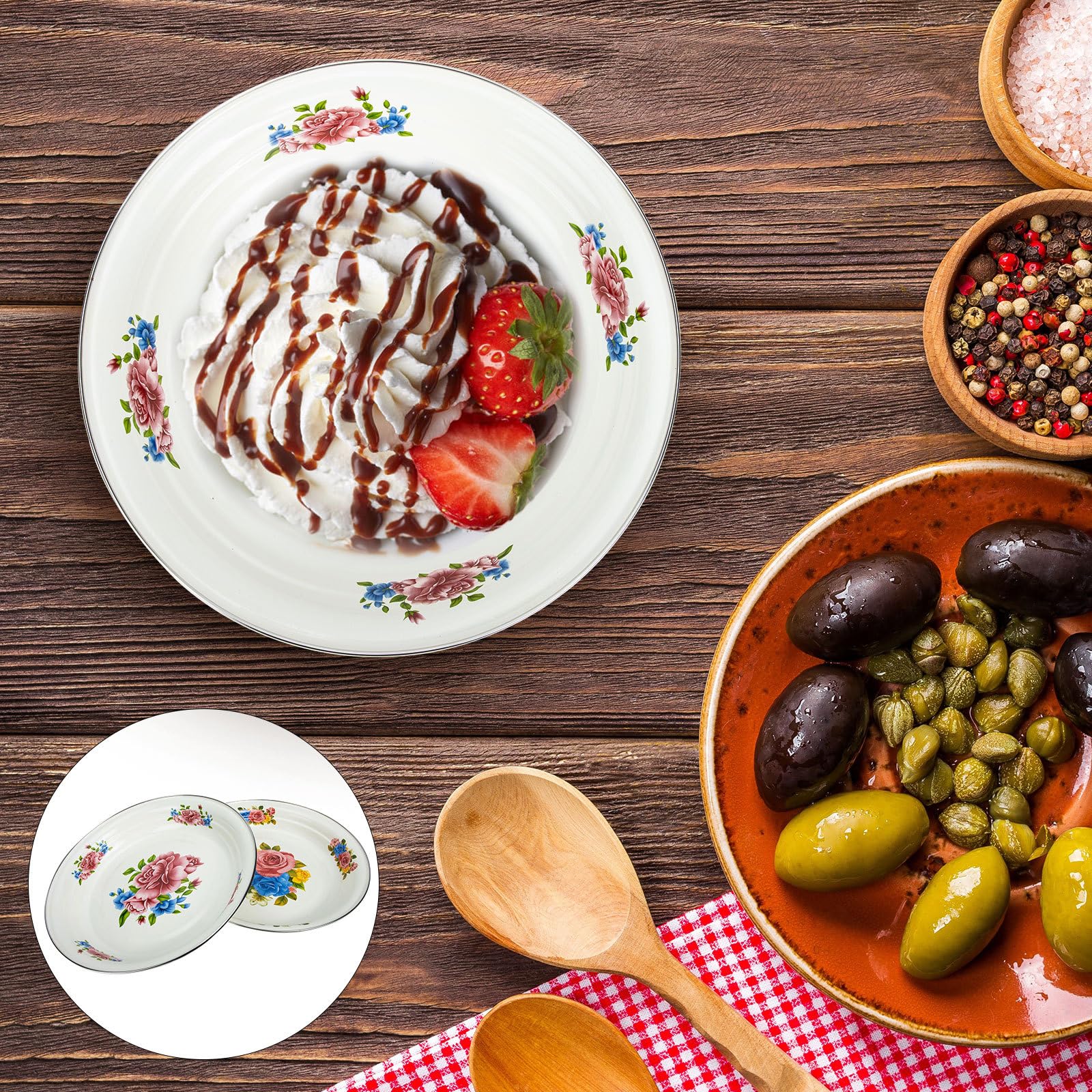 Juego de 2 Platos Esmaltados Gruesos Hogar y Restaurante, Platos Vintage Resistentes para Servir Snacks y Frutas Diseño Chino