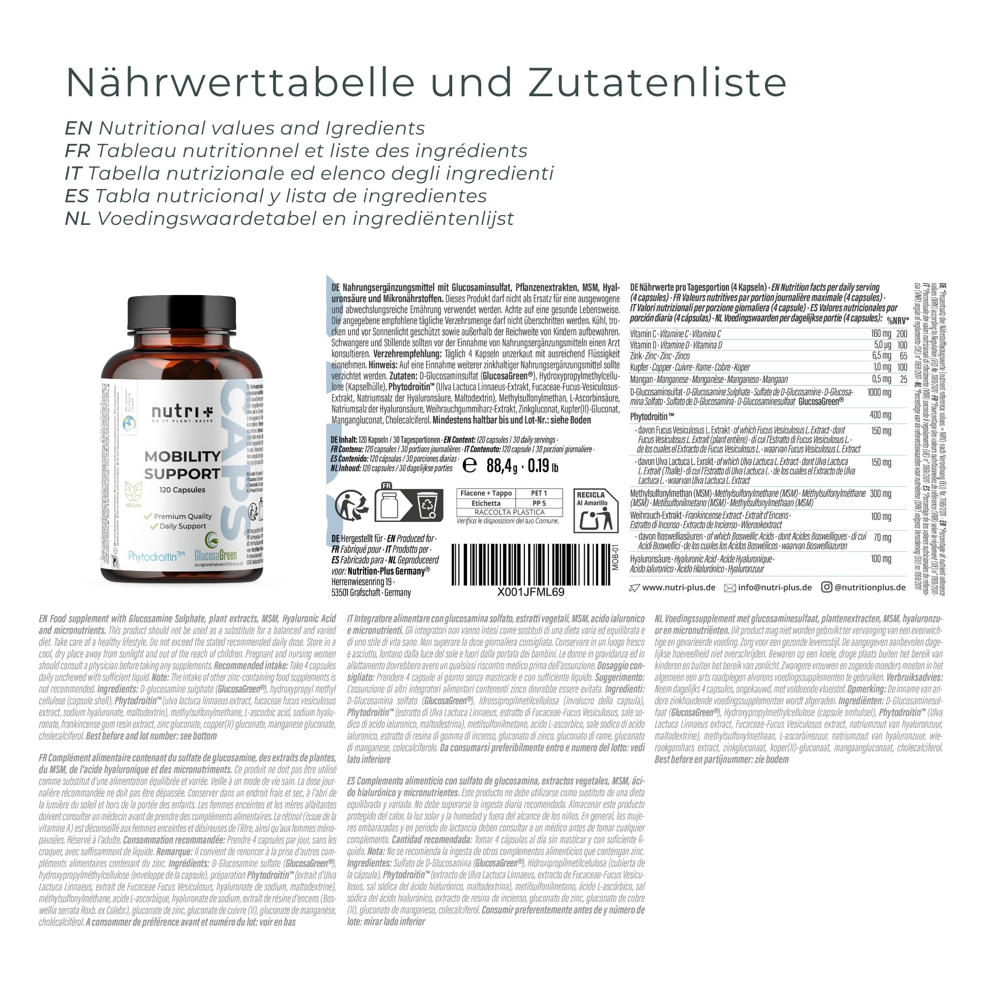 Nutri + Glucosamina + Condroitina Cápsulas de Alta Dosis + Vegan - Mobility Support con MSM, Ácido Hialurónico, Zinc, Vitamina C - Glucosagreen + Fitodroitina