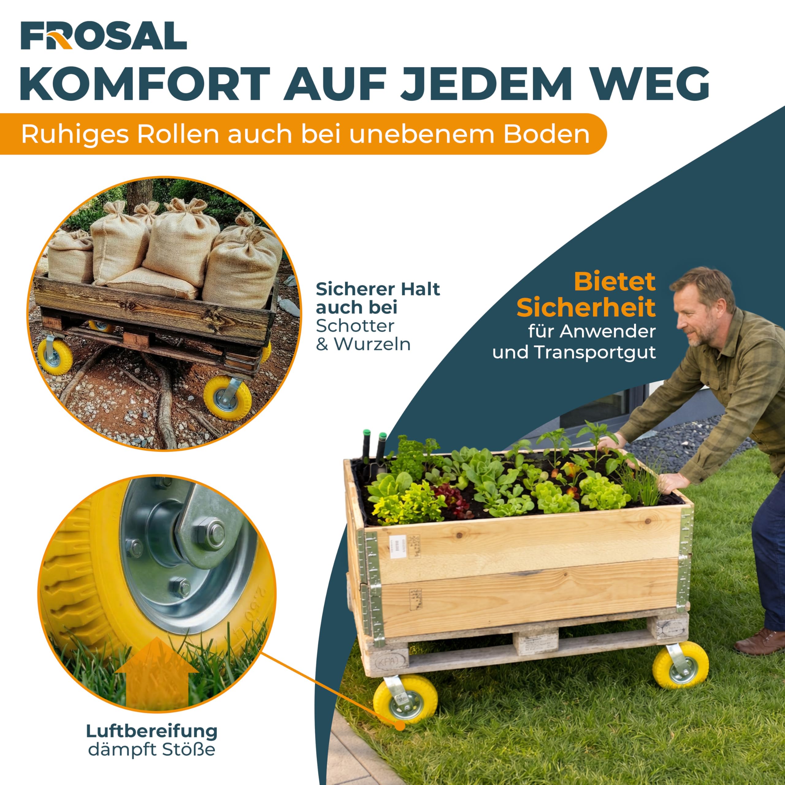 FROSAL 4-teiliges Rollen-Set 8 Zoll 2.50-4 – 2 Bockrollen und 2 Lenkrollen – pannensichere PU-Räder Ø 210 mm mit Stahlfelge – bis 120 kg – für Transportwagen