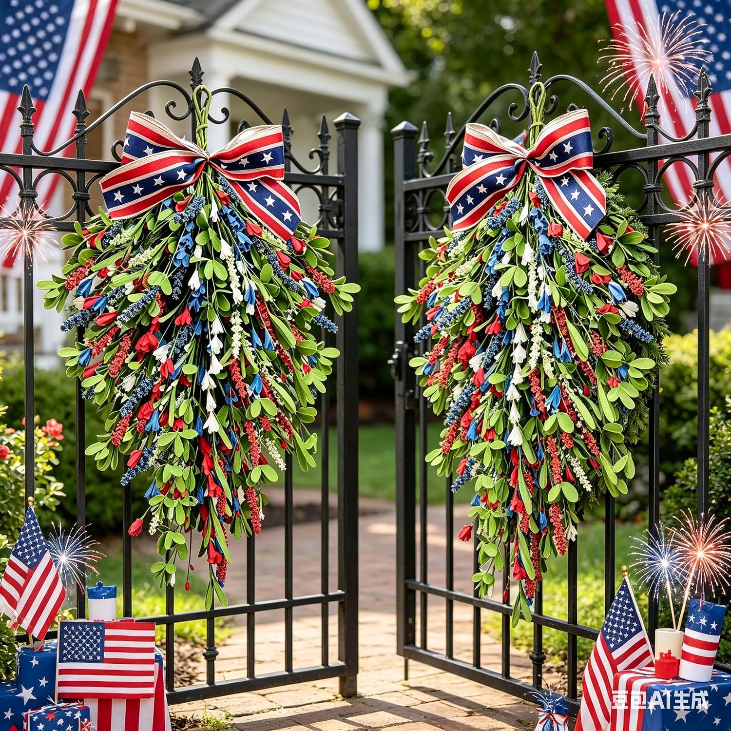 2 Pack 21'' Patriotic Teardrop Swag Wreaths for Cabinets Artificial 4th of July Swag Wreath with Red White Blue Floral and Berries for Independence Day Memorial Day Front Door Porch Window Wall Decor