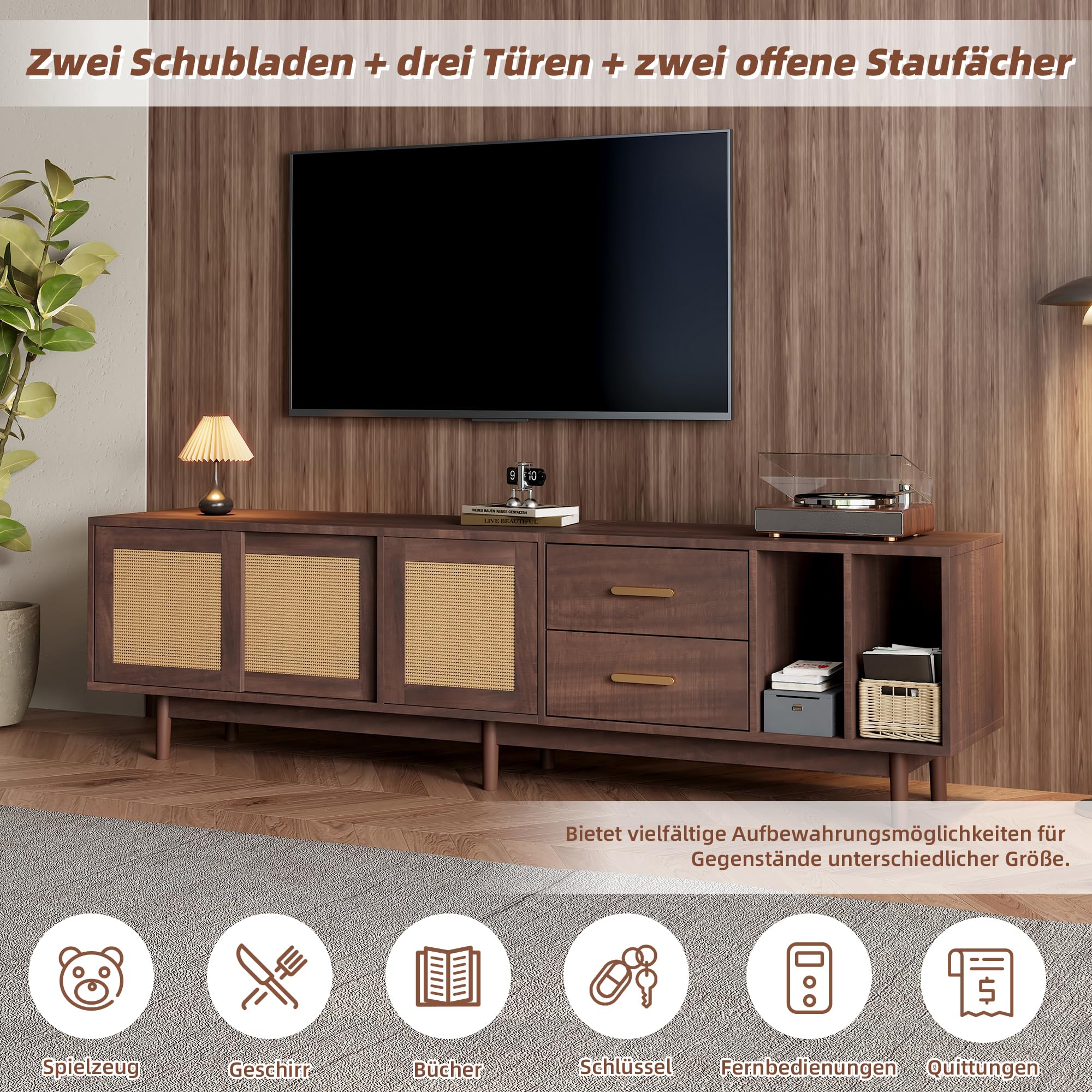 Merax Meuble TV Bas 190 cm pour TV 75 Pouces avec 3 Portes en rotin PE et 2 tiroirs, Buffet TV Design avec 2 Compartiments Ouverts, 6 Pieds Stables – 190x40x52 cm