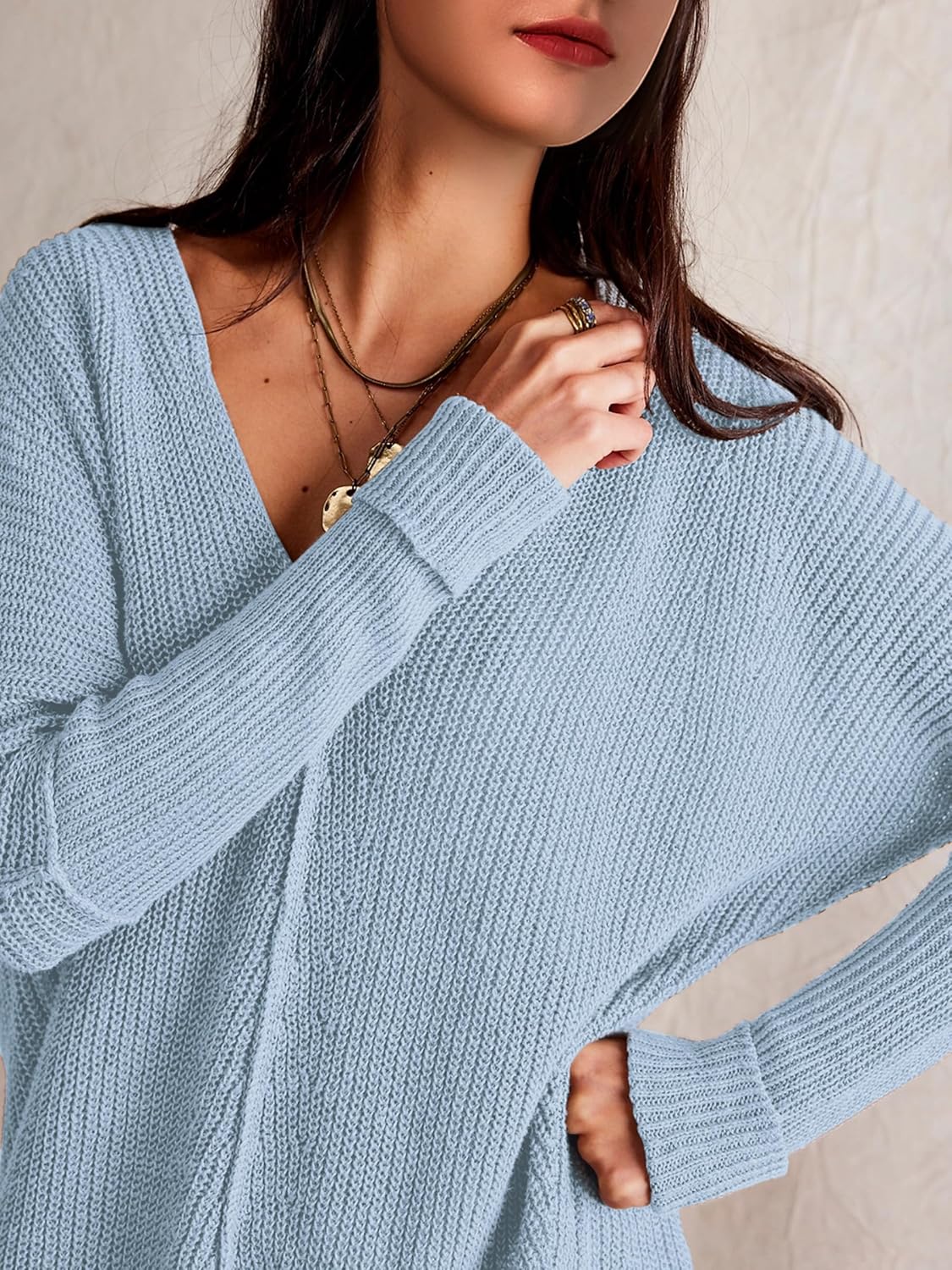 SuperPrity Womens Sweaters V Neck Long Sleeve 2024 Fall Oversized Front Slit Knit Pullover Sweaters Top Casual Trendy Clothes - Image 4