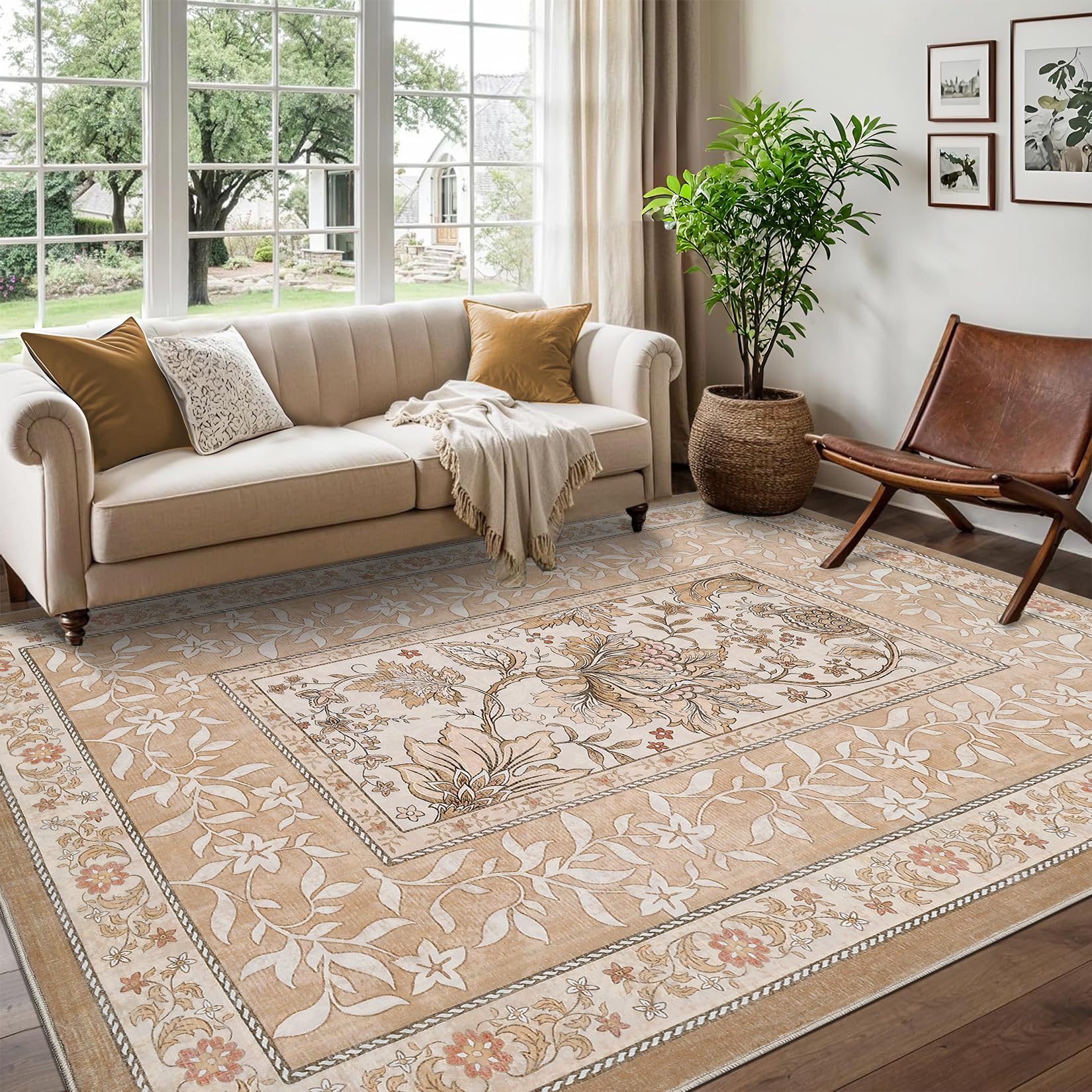 FairyStyle Vintage Floral Bordered Camel 160 x 230 cm Washable Large Area Rug, Low-Pile Faux Cashmere Rug with Non-Slip TPR Backing for Living Room, Bedroom, Dining Room and Playroom