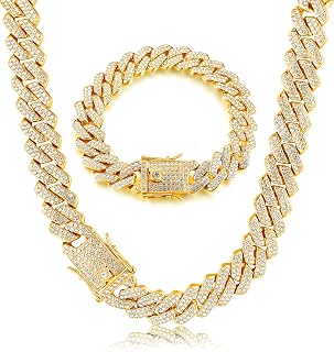 Cuban Link Chain Iced Out for Men 14MM Miami Cuban Link Choker Necklace Bracelet 18K Gold Plated Bling Diamond Chain Bracelet Hip Hop Jewelry for Men Women