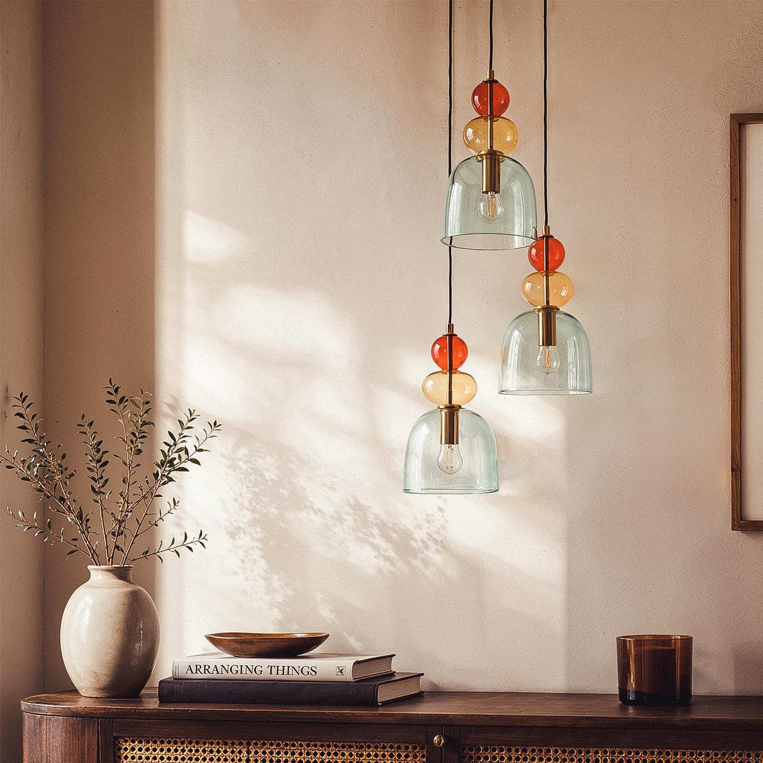 LEDKIA Lámpara Colgante Metal y Cristal Tri Baudelaire Verde | Diseño Vintage Elegante | Compatible con Bombillas E14 | Ideal para Salón; Dormitorio; Oficina