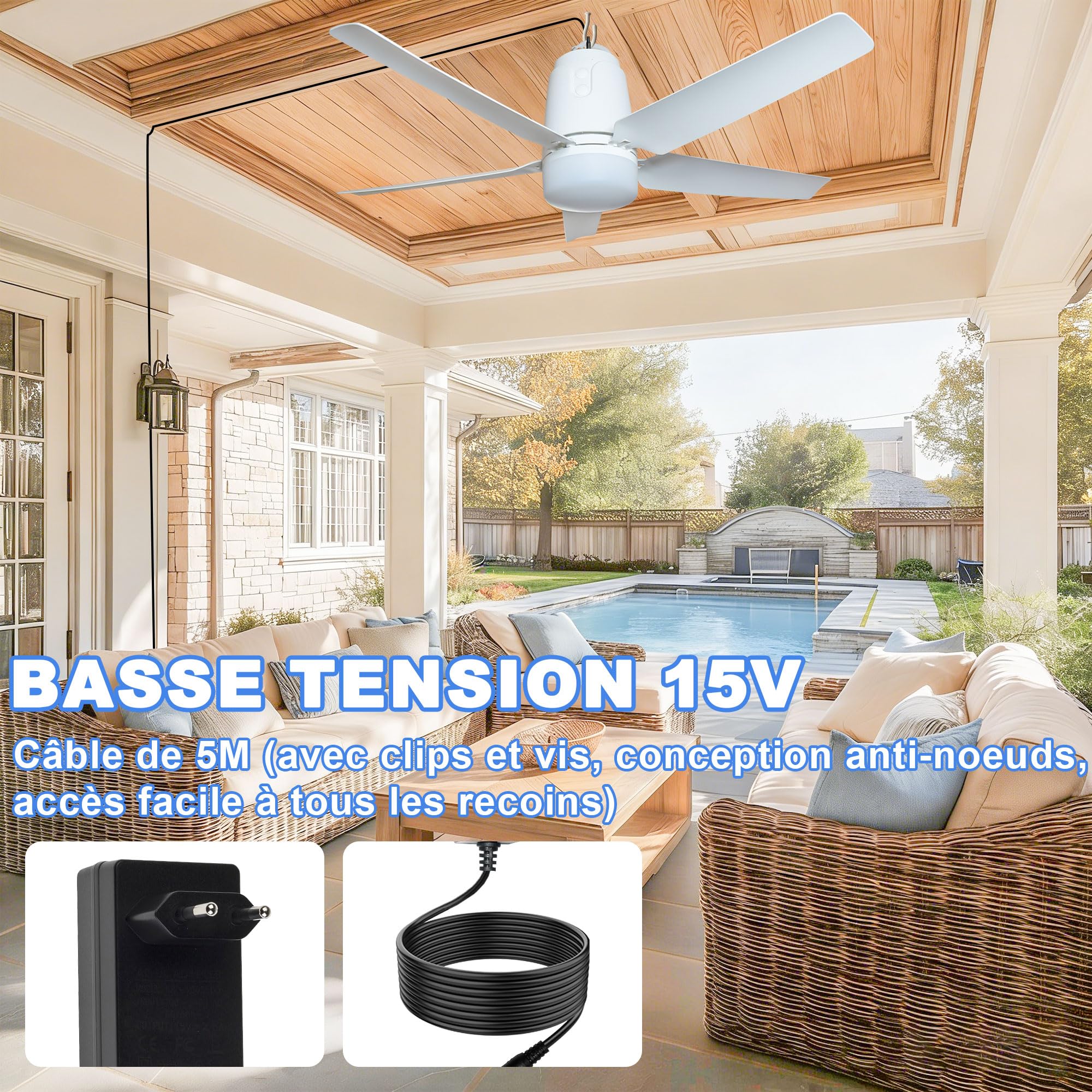 80CM Ventilateur Plafond Exterieur Terrasse, Cordon D'alimentation 5M | 3000-6500K Ultra Silencieux Ventilateur Plafond avec Lumiere, Convient aux Terrasse, Pergola et Tente