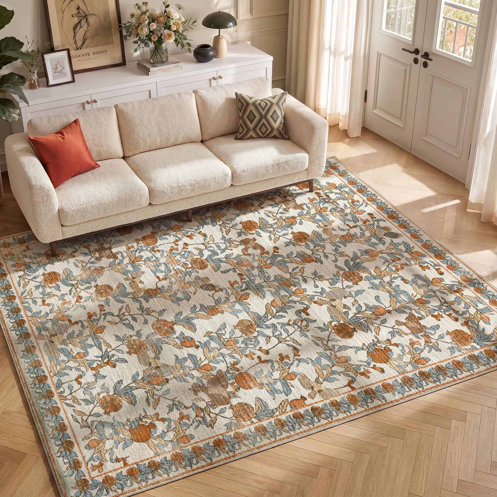 TOPICK Washable Soft Cashmere Texture Rugs Living Room 160x230cm, Vintage Floral & Bird Pattern Area Rug Bedroom, Stain Resistant Non Slip Carpet, Kitchen, Hall, Lounge, Indoor, Beige Orange