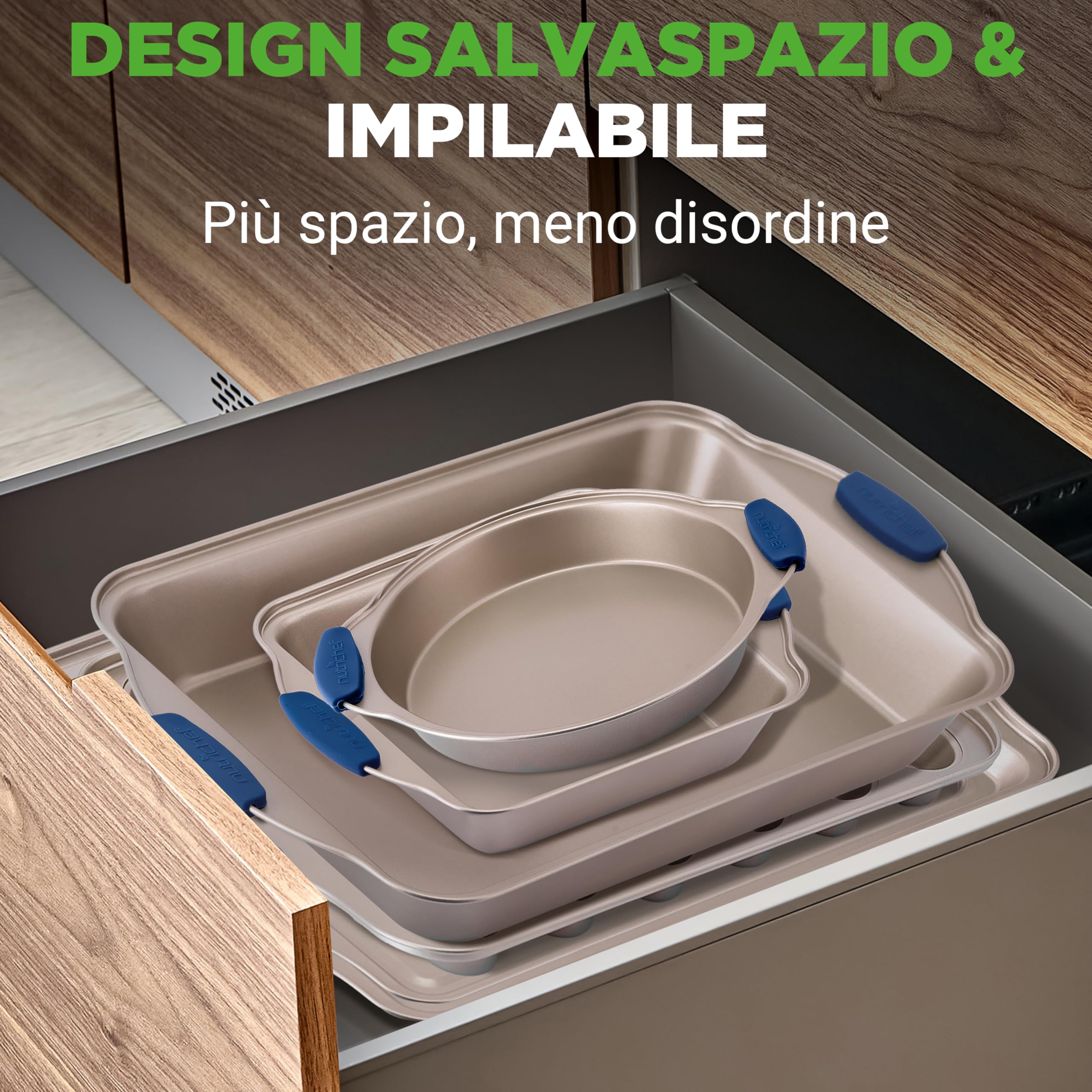 NutriChef Set 10 Pezzi Teglie Forno Antiaderenti in Acciaio al Carbonio con Manici in Silicone, Teglie da Forno per Pizza, Pane, Dolci, Torta, Biscotti, Stampo Muffin e Stampo Plumcake