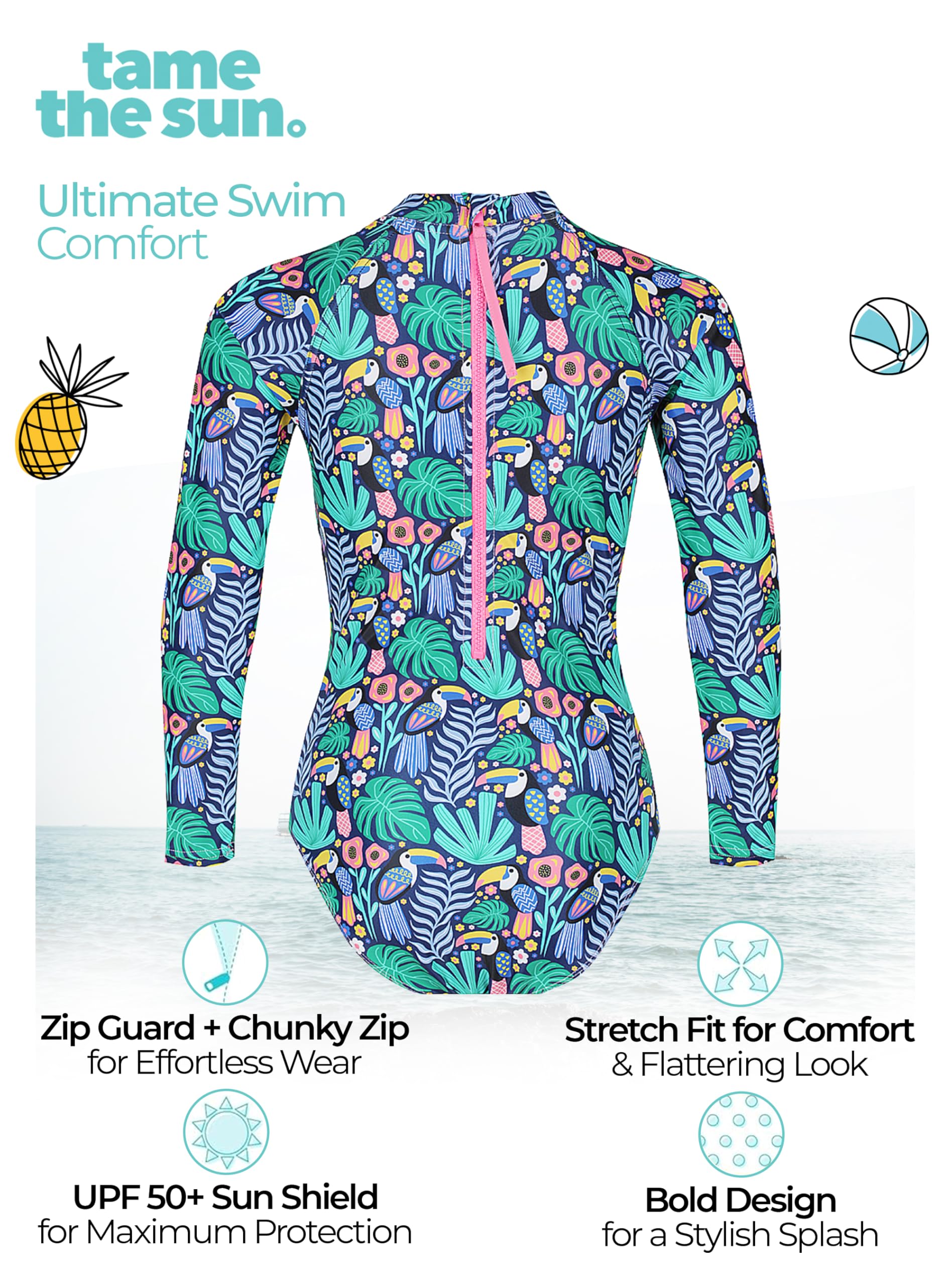 Tame the Sun Traje de baño de manga larga para niñas, traje de baño de una pieza con protección contra erupciones y cremallera UPF 50+