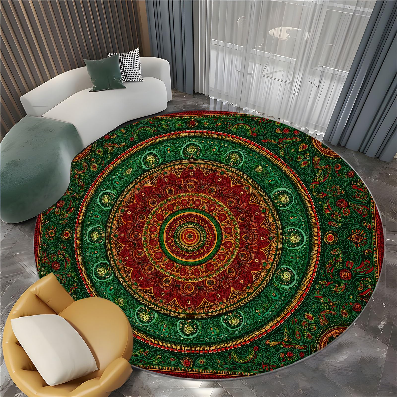 Waschbarer Rutschfester Runde Teppiche 220 cm, Paisley Muster Runder Teppich für Wohnzimmer Schlafzimmer Kinderzimmer - Retro Pflanzen Blumen Streifen Weicher Niedrigflor Teppich für Spielzimmer