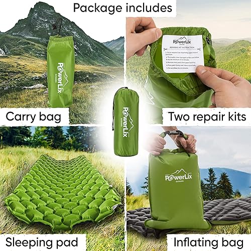 Miniatura 7 de Powerlix - Colchoneta inflable ultraligera y compacta con bolsa de inflado, bolsa de transporte y kit de reparación, ideal para acampar, mochilero y