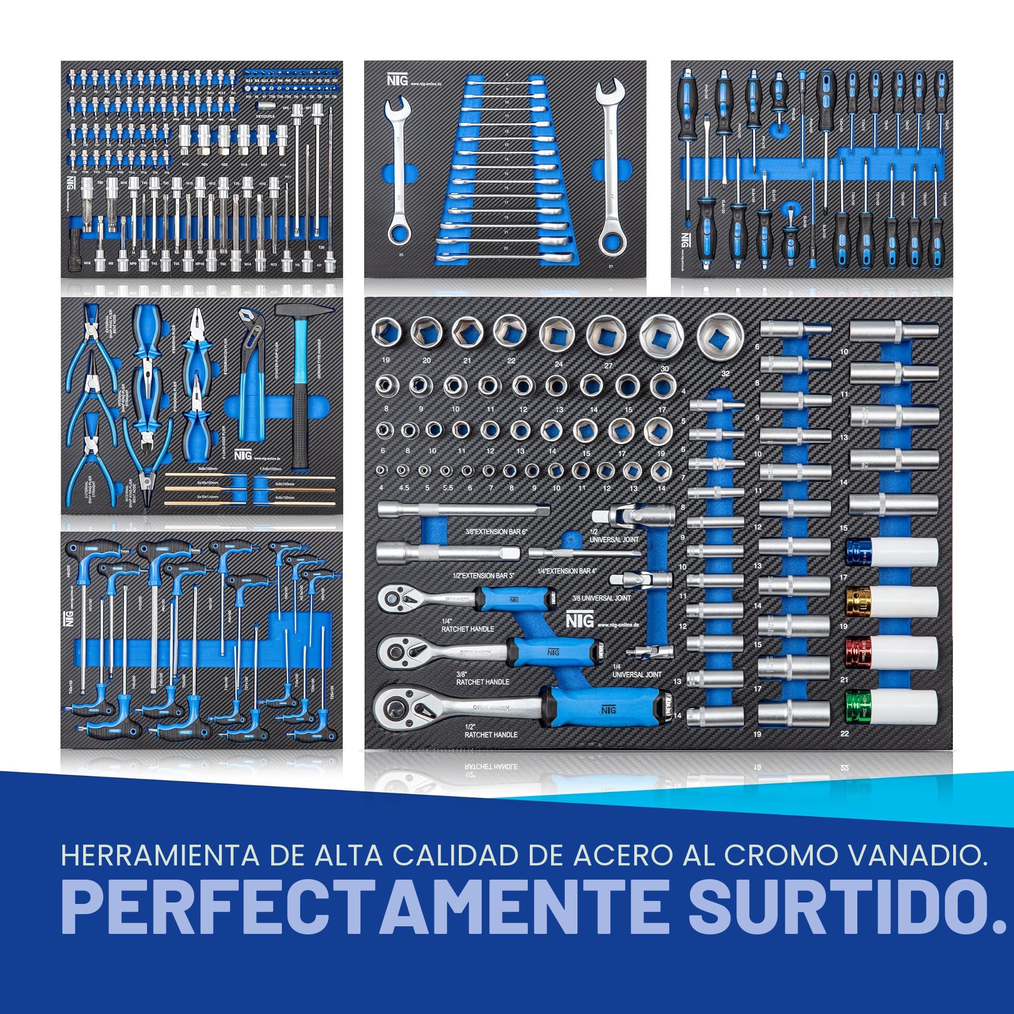 NTG Carro de Taller con 252 Herramientas, 7 cajones, cajón Cargo, Placa de Acero Inoxidable, con Cerradura