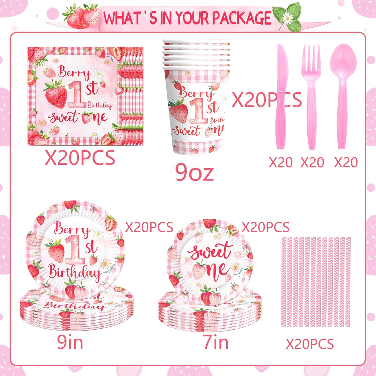 Pink Strawberry Berry First Birthday Decoration,Include Banner, Photo Wall,Balloon,Backdrop,Tablecloth, High Chair Banner,Plates,Cups,Napkins,Knives,Forks,Spoons Straws Box For Girls Birthday Supplies