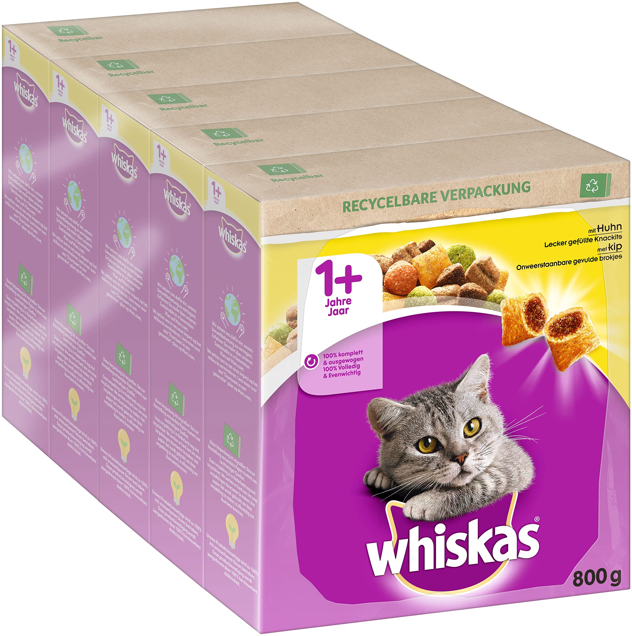 Whiskas Adult 1+ Comida Seca para Pollo, 5 x 800 g (5 Paquetes), Comida Seca para Gatos Adultos, Diferentes envases de Productos Disponibles