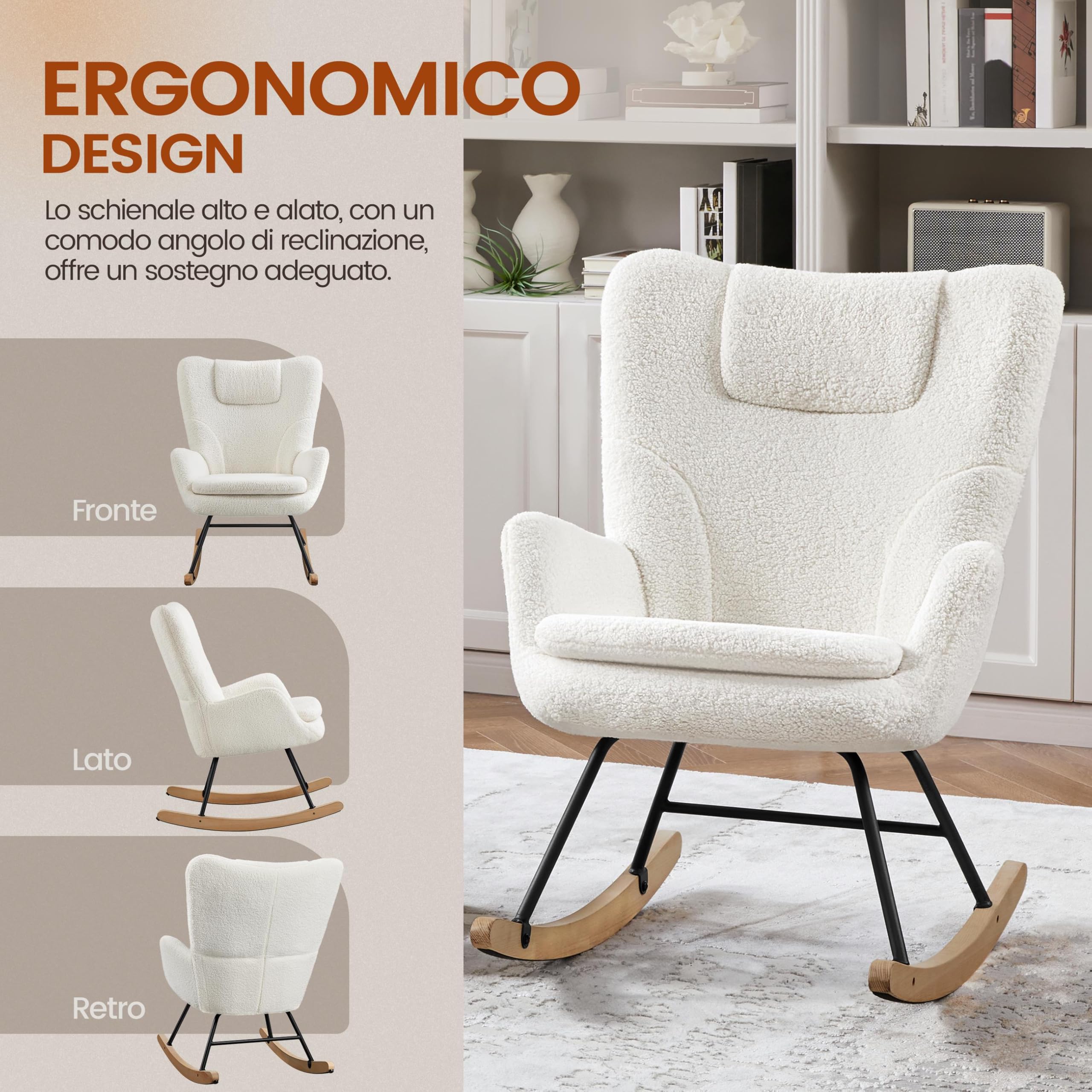 Yaheetech Sedia a Dondolo Relax Poltroncina Imbottita Poltrona Casa Rivestimento in Tessuto 70 × 82,5 × 95,5 cm Base Dondonlante Legno per Soggiorno/Camera da Letto 70 × 82,5 × 95,5 cm Bianco