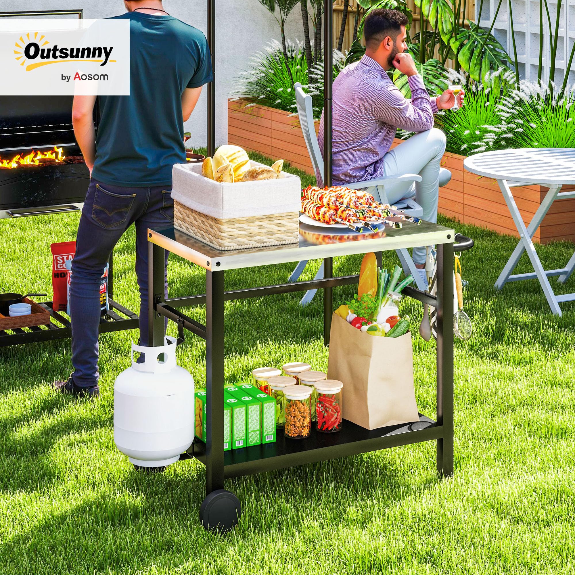 Outsunny Desserte plancha extérieure avec Plan de Travail en Acier Inoxydable, Chariot de Barbecue avec étagère, desserte de Jardin avec Crochets, Porte-Serviettes, 2 Roues, 102x50x81cm, Gris Charbon