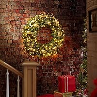 Vista 7 de Casafield Corona de Navidad artificial preiluminada para puerta delantera, ventana o repisa, abeto verde con luces blancas, decoración navideña