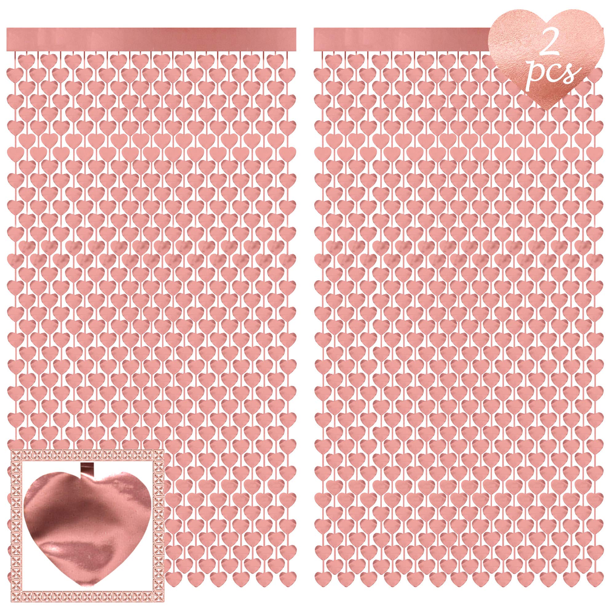 FelitsaHeart Foil Curtain 2 Pcs - Bachelorette Party Decorations, Birthday Backdrop, Wedding Photo Booth, Engagement, Bridal Shower, Baby Shower (Rose Gold)