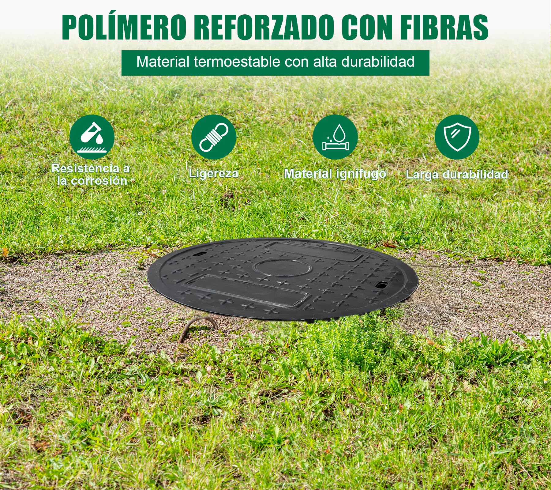 Ø 400 mm Cubierta de ojo redonda compuesta PRV, A15 Tapa de foso séptico de fibra de vidrio con marco, interior: Ø 270 mm para jardín, garaje, patio, pasillo
