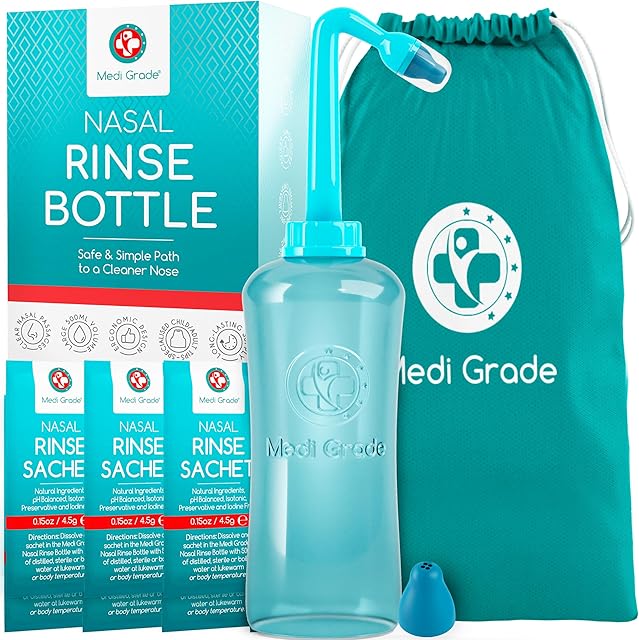 Medi Grade Irygator do Nosa Butelka, 500 ml  Zestaw Płukanie Zatok 30 x Saszetki do Irygacji Nosa, 2 Końcówki i Torba do Przechowywania  Łatwe Przepłukiwanie Nosa w Domu i Podróży