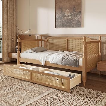 Traditional Style Rattan Full Size Daybed with 2 Drawers,Full Size Wood Daybed Frame for Limited Space, Guest Room,Bedroom, Dormitory, Apartment Full +with 2 Drawers/Walnut