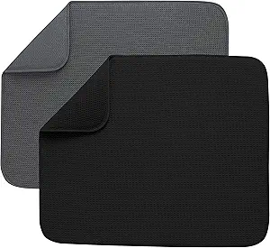 S&T INC. Dish Drying Mat for Kitchen, Absorbent, Reversible Microfiber Dish Mat Value Pack for Kitchen, 16 Inch x 18 Inch, Black Mesh and Charcoal Mesh, 2 Pack